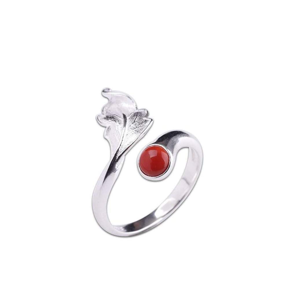 TKHP S925 Sterling Silver Chinese Style Leaf Open Ring with Southern Red Agate - Elegant Men's & Women's Jewelry for Weddings, Gifts & Special Occasions