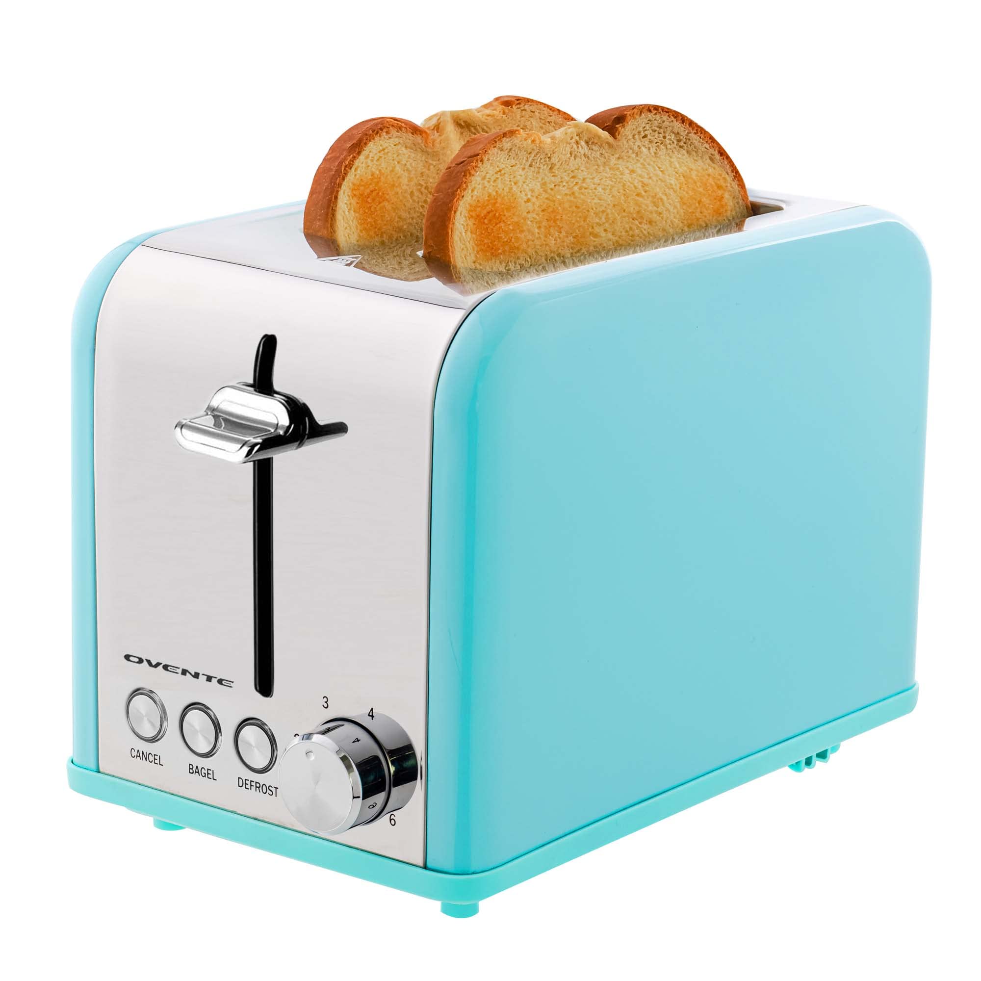 OVENTE 2 Slice Toaster with Extra Wide Slots - 6 Browning Settings, Stainless Steel Body & Removable Crumb Tray - Compact Countertop Toaster for Bread, Bagels, Muffins, Croissants & Waffles (Turquoise TS2450T) - Perfect for Breakfast, Kitchen, Dorm & Office Use