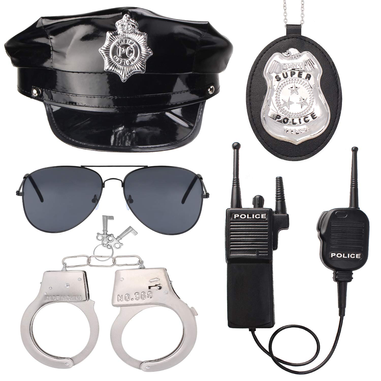 Beelittle Police Costume Set for Kids - Hat, Handcuffs, Walkie Talkie, Badge & Sunglasses - Perfect for Halloween, Role Play & Dress Up Parties