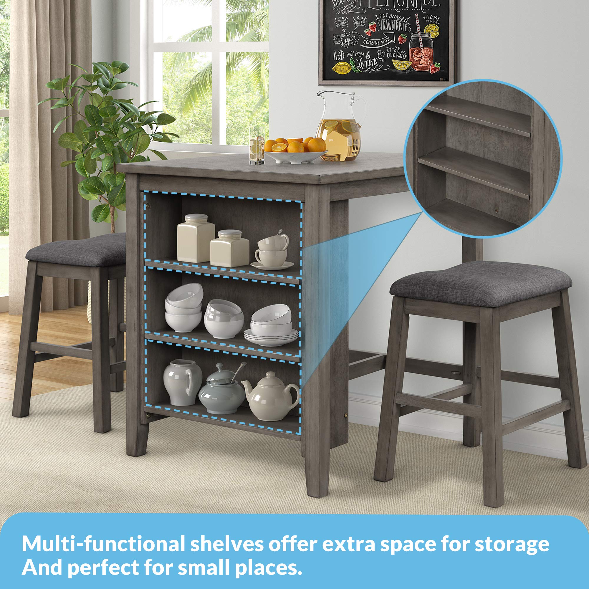 3 Piece Wooden Dining Table Set with 3-Tier Storage Shelf & Padded Stools - Compact Bar Pub Table for Small Spaces, Rustic Farmhouse Counter Height Set, Dark Gray (36