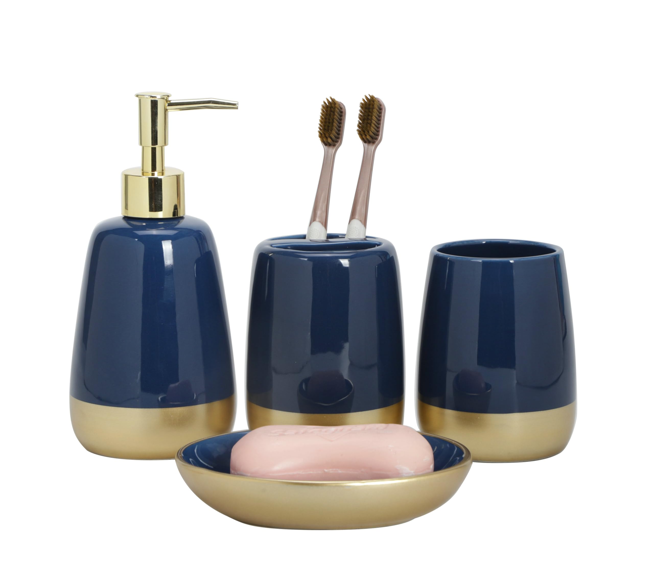 Luxury Navy Blue & Gold 4-Piece Ceramic Bathroom Accessories Set - Soap Dispenser, Toothbrush Holder, Tumbler & Soap Dish | Elegant Vanity Countertop Decor for Modern Bathrooms, Perfect Housewarming Gift & Home Upgrade