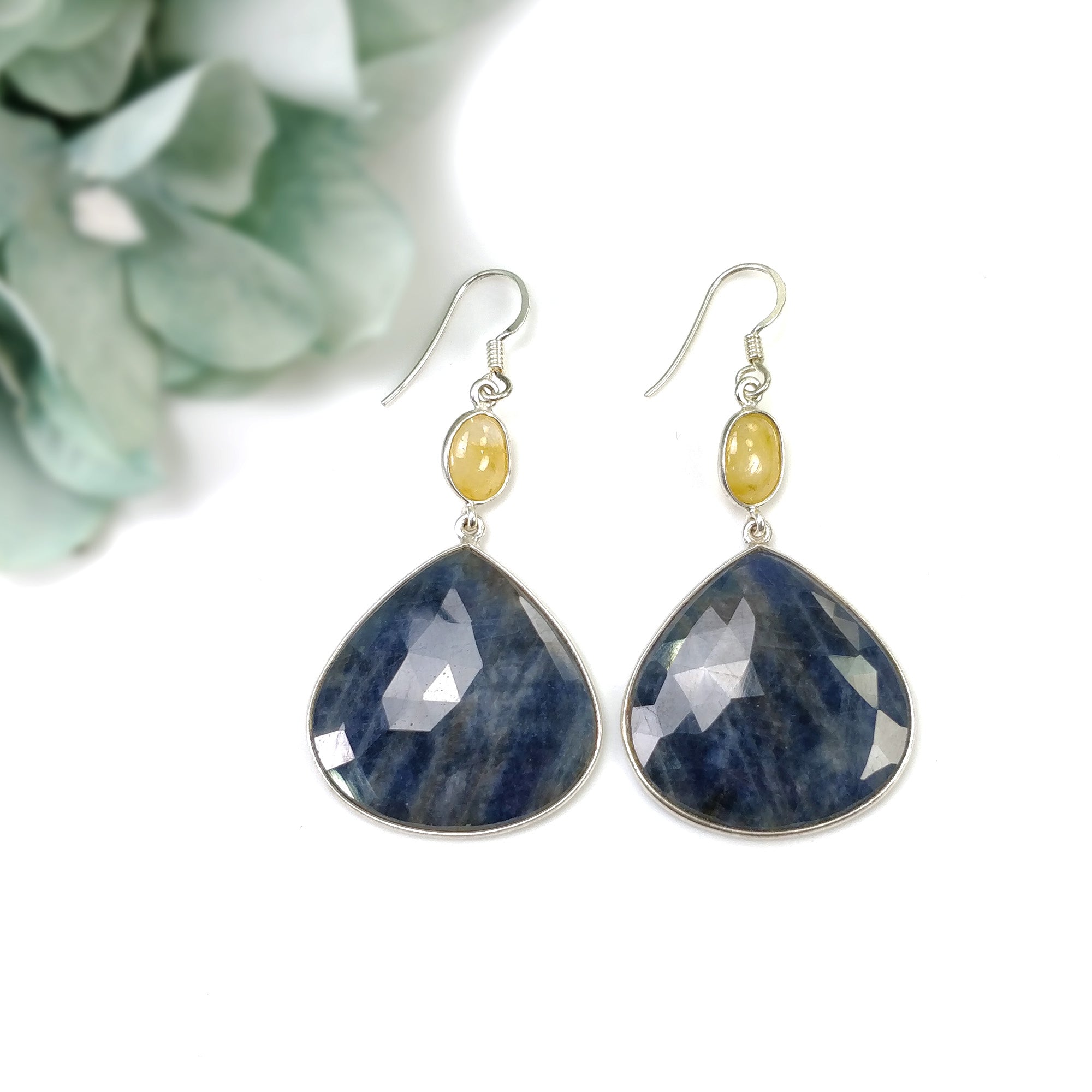 Natural Blue & Yellow Sapphire 925 Sterling Silver Bezel Set Drop Dangle Earrings – 17.08g Untreated Gemstone Hook Earrings for Women – Perfect for Weddings, Parties & Special Occasions