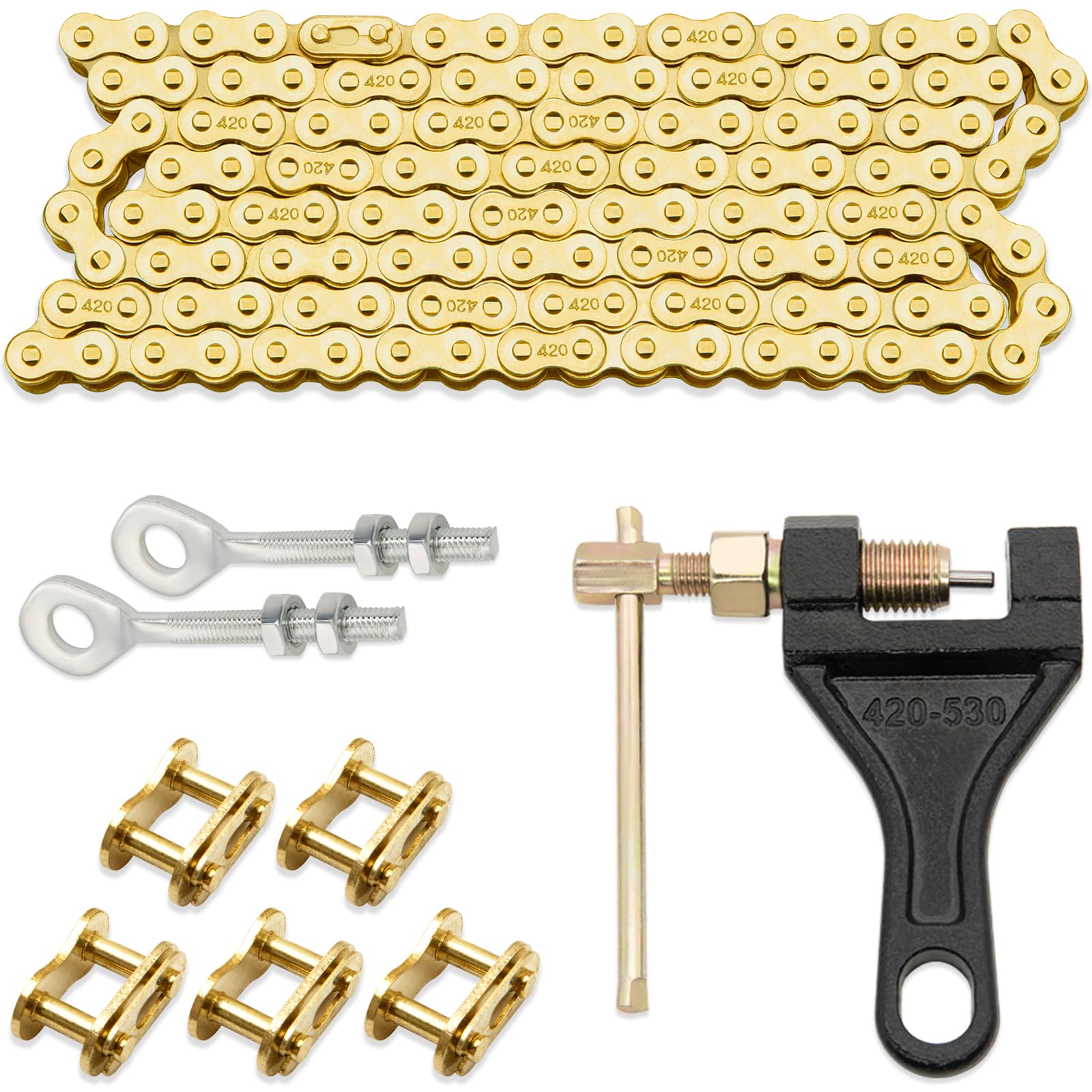 ASDFGHT 420 Roller Chain 132 Links Gold - 420 Drive Chain for 110cc & 125cc Dirt Pit Bikes, ATV, Quad, Go Kart, Scooter & Mini Bikes - Includes Chain Breaker & 0.4