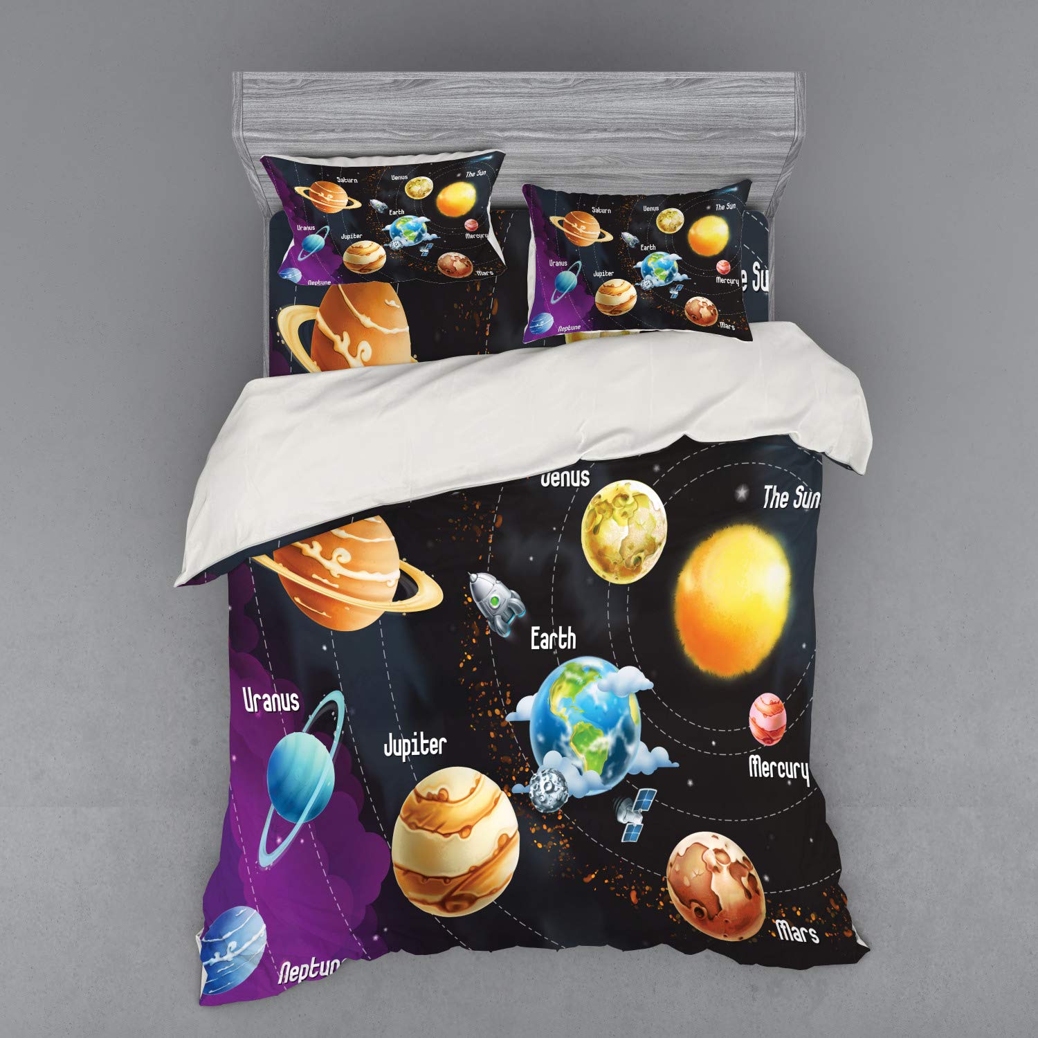 Ambesonne Outer Space Duvet Cover Set - Solar System Planets Milky Way Galaxy Bedding - 4 Piece Queen Size with Shams & Fitted Sheet - Multicolor Space Themed Decor for Kids Room & Astronomy Lovers