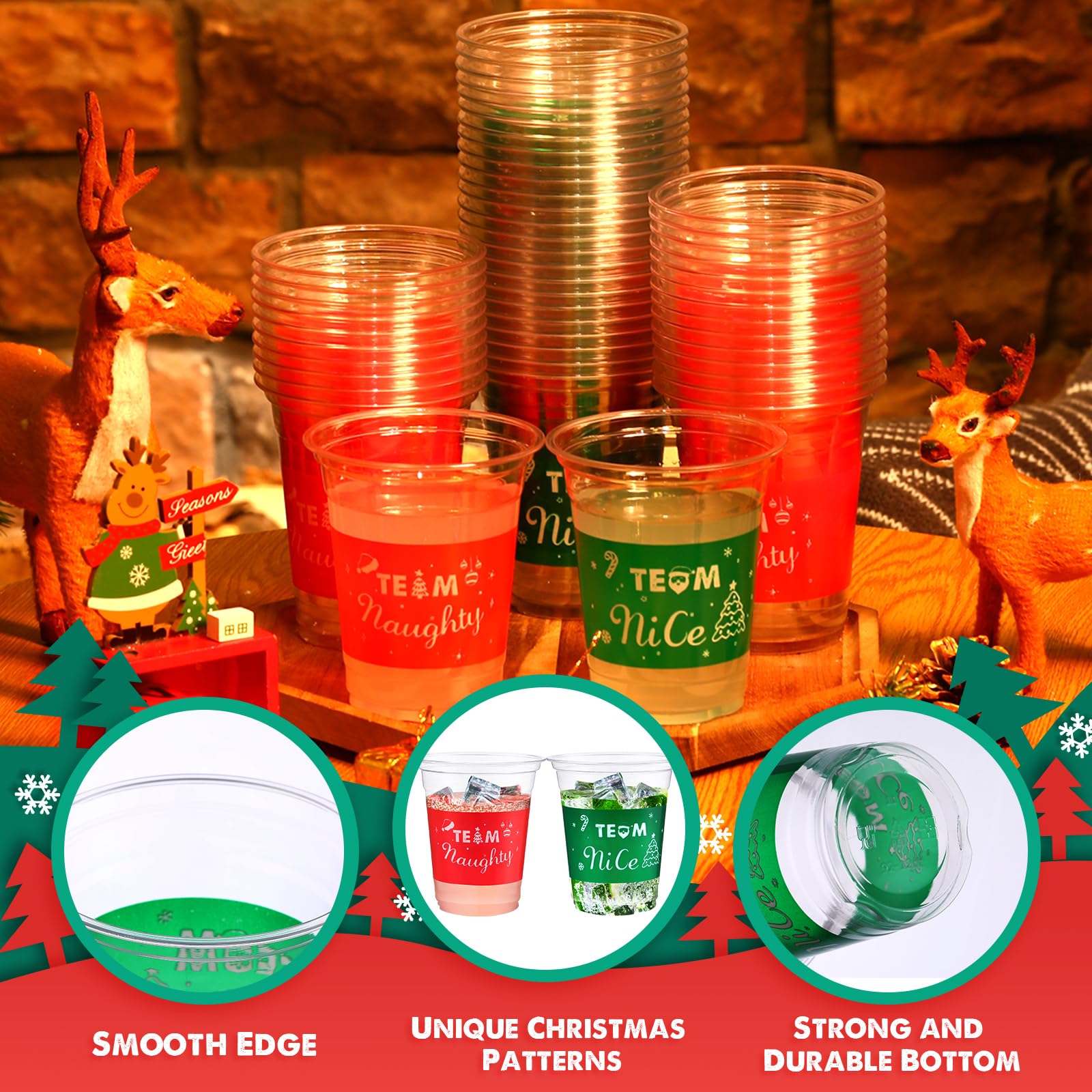 100-Pack 12 oz Christmas Plastic Cups - Naughty or Nice Design, Disposable Party Cups for Beer, Drinks & Snacks - Perfect for Xmas Decorations, Holiday Gatherings & Office Celebrations