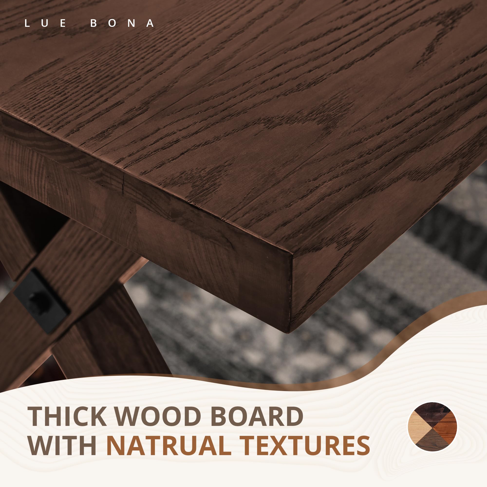 LUE BONA 59 Inch Solid Wood Farmhouse Dining Table for 6-8 People, Heavy Duty Rectangular Kitchen Table with Natural Oak Grain - Perfect for Family Gatherings, Dinner Parties & Cozy Home Dining Rooms (Brown)