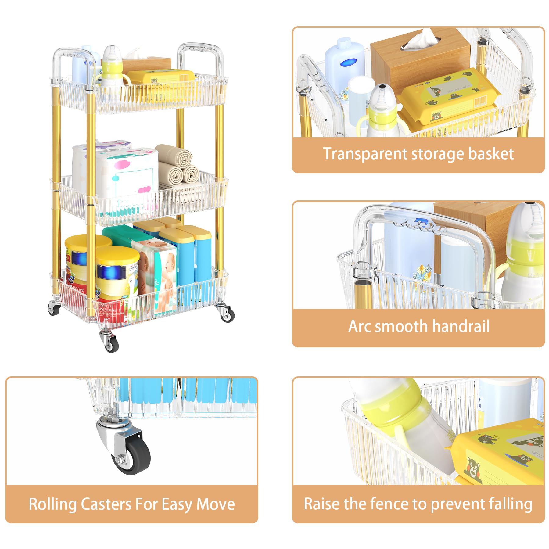3-Tier Rolling Cart with Wheels - Sturdy Metal & PET Makeup Organizer, Snack Caddy for Kitchen, Bathroom, Office & Living Room - Golden Mobile Storage Cart for Beauty Products, Books & Home Essentials