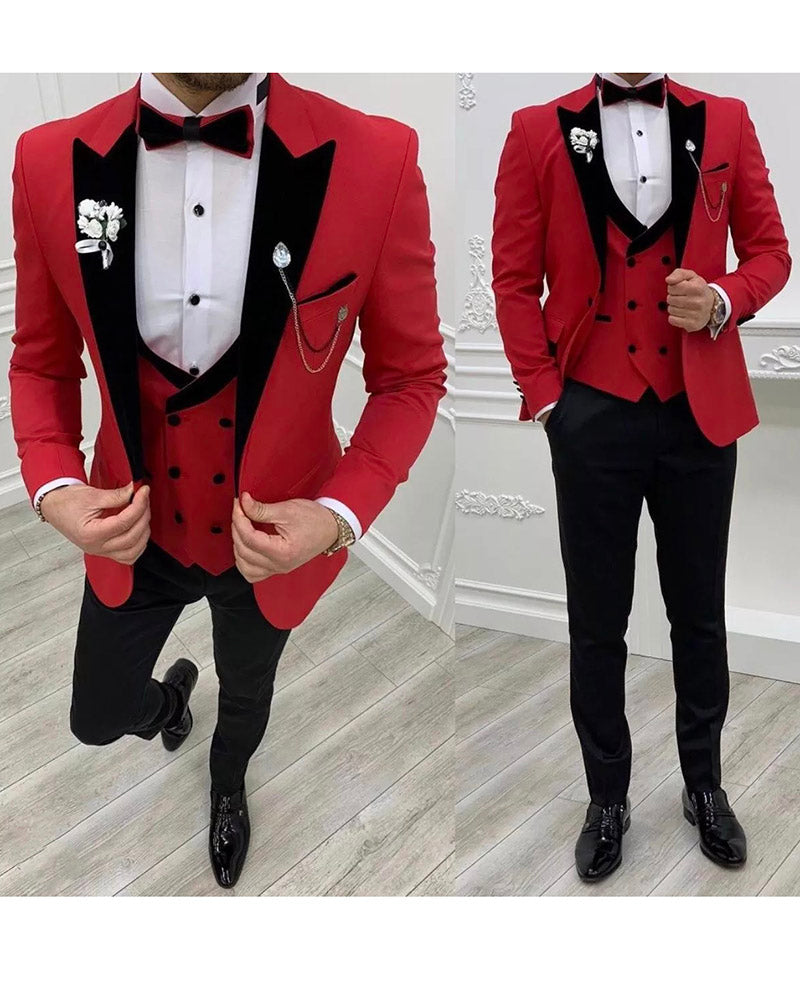 Slim Fit Peak Satin Lapel Red Wedding Tuxedo Suit for Men - Formal Prom Dress Suits (Item CB52708) | Perfect for Weddings, Prom Nights & Black Tie Events