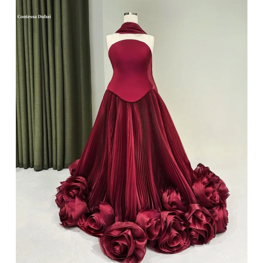 Elegant 3D Flowers Satin A-Line Wedding Dress - Strapless Sleeveless Evening Gown for Bridal, Prom & Formal Events | Perfect for Beach Weddings & Red Carpet Occasions