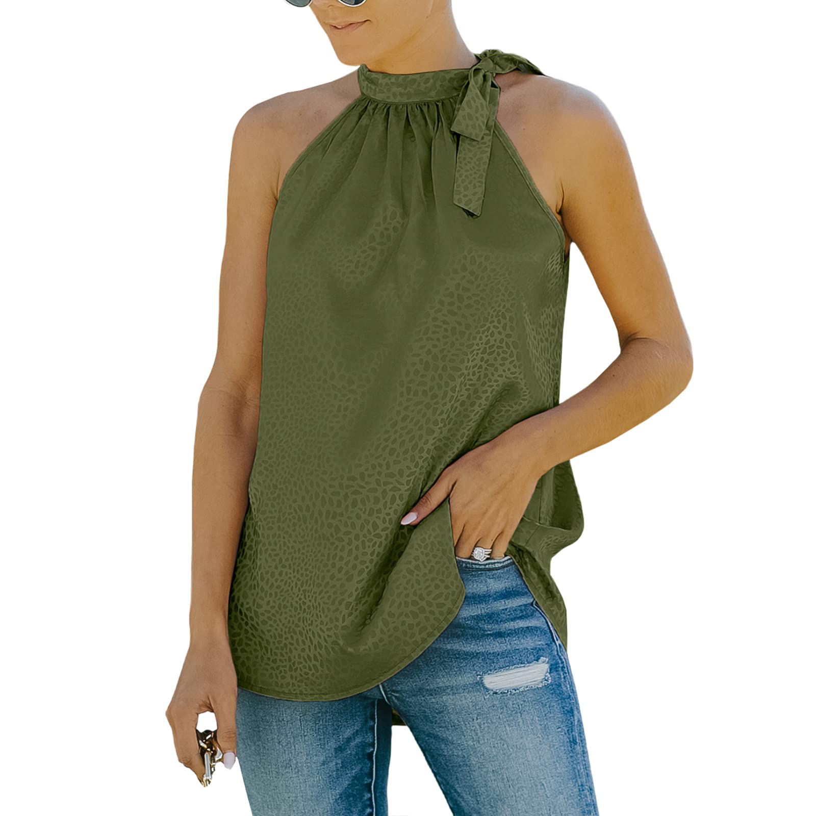 Elegant Women's Satin Halter Tank Top - Leopard Print Bow Turtleneck Strap Sleeveless Blouse for Office Work & Evening Out