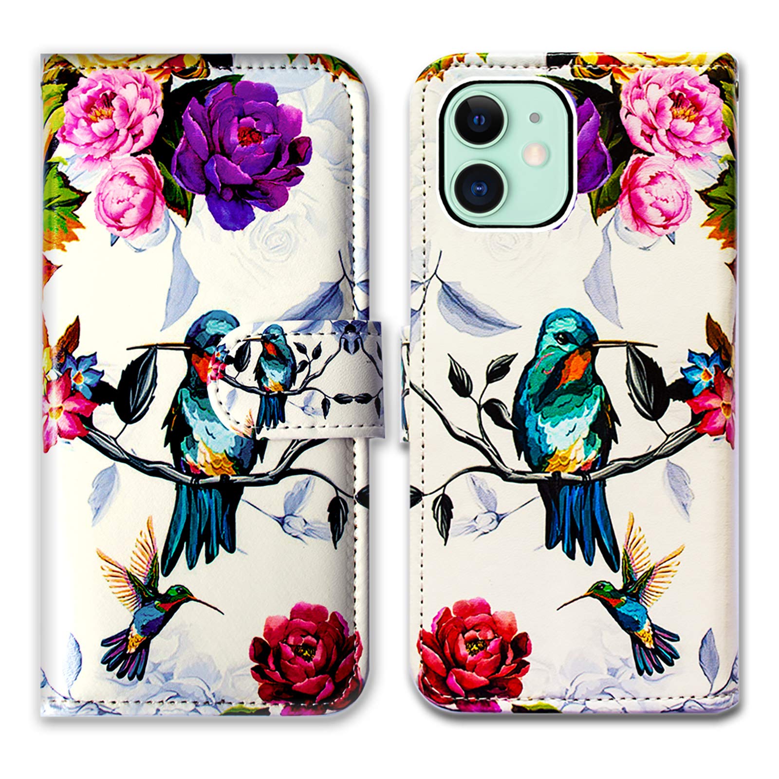 Premium Leather Flip Wallet Case for iPhone 12 Mini with Card Slots & Kickstand - Floral Hummingbird Design, Protective Cover for Everyday Use & Travel