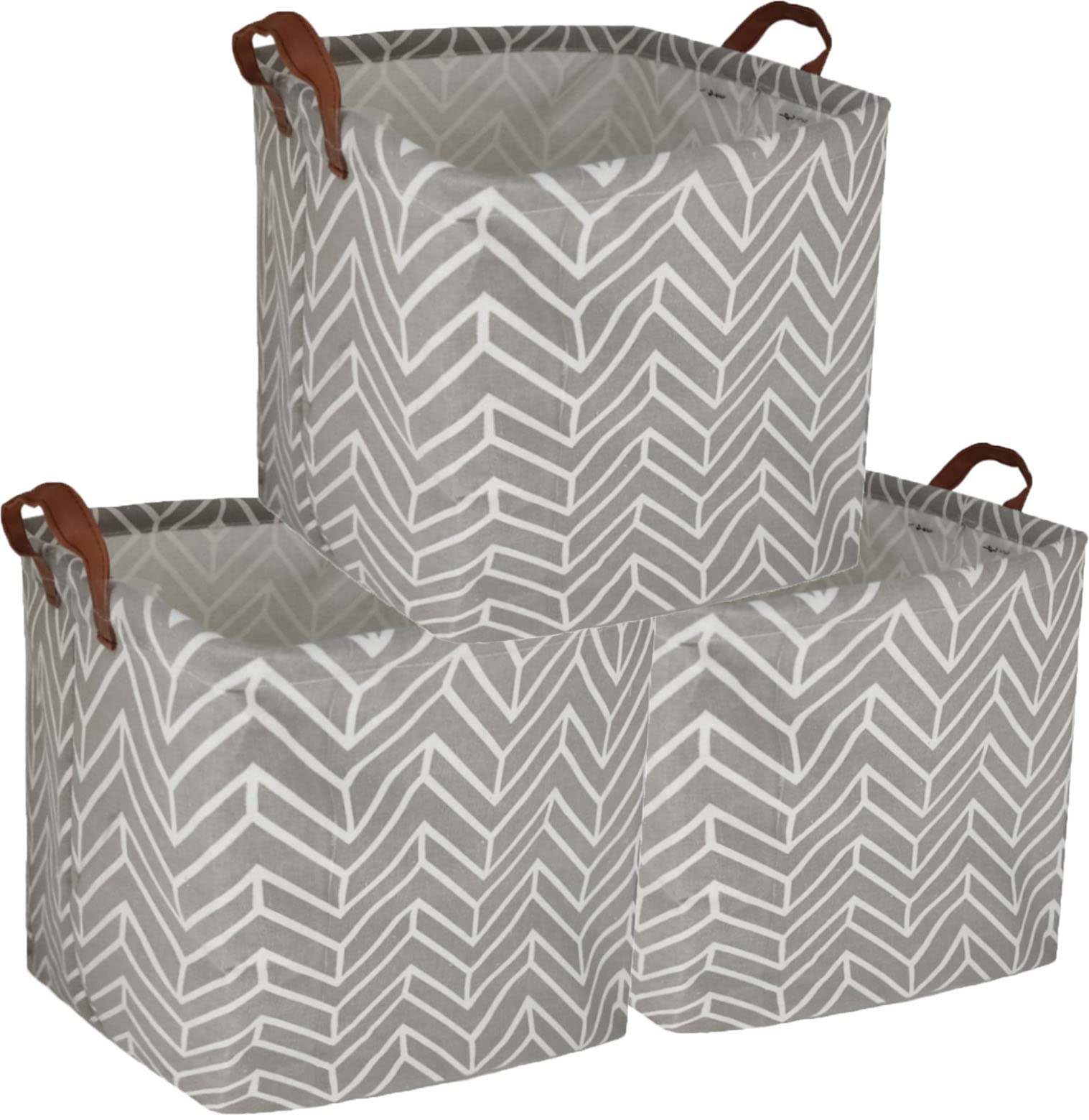 Essme 3-Pack Square Storage Bins - Collapsible Cotton Fabric Laundry Baskets with Handles, Waterproof Toy Organizer for Home, Kids Room & Bathroom Storage (Grey Geometric Pattern) - Perfect for Closet, Shelf & Nursery Organization