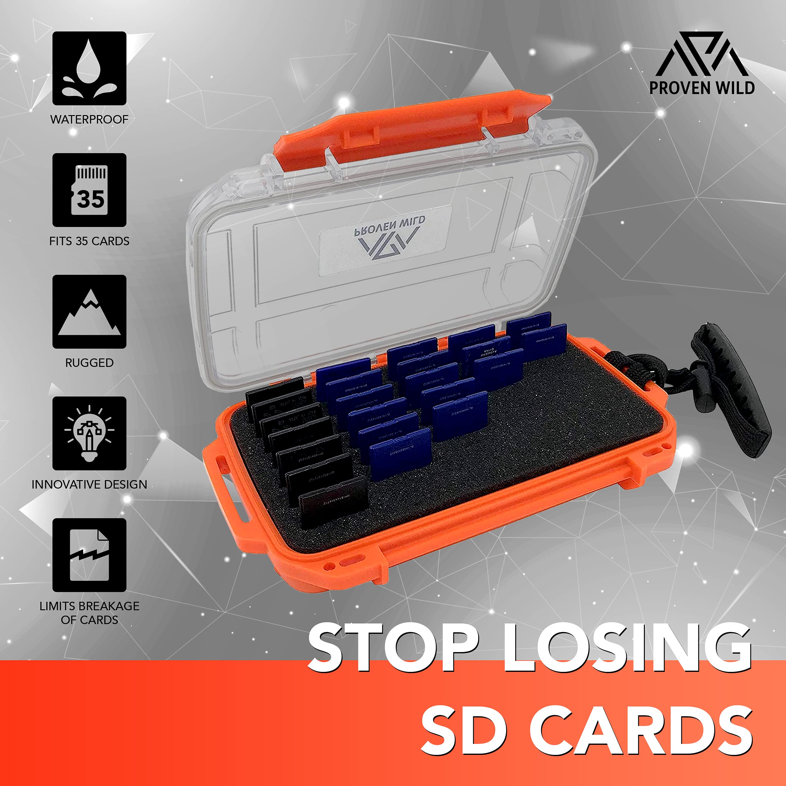 Proven Wild Waterproof SD Card Holder Case - Durable Memory Card Organizer for 35 SD Cards, Compatible with DSLR & Trail Cameras (Orange) - Perfect for Travel, Photography & Outdoor Adventures
