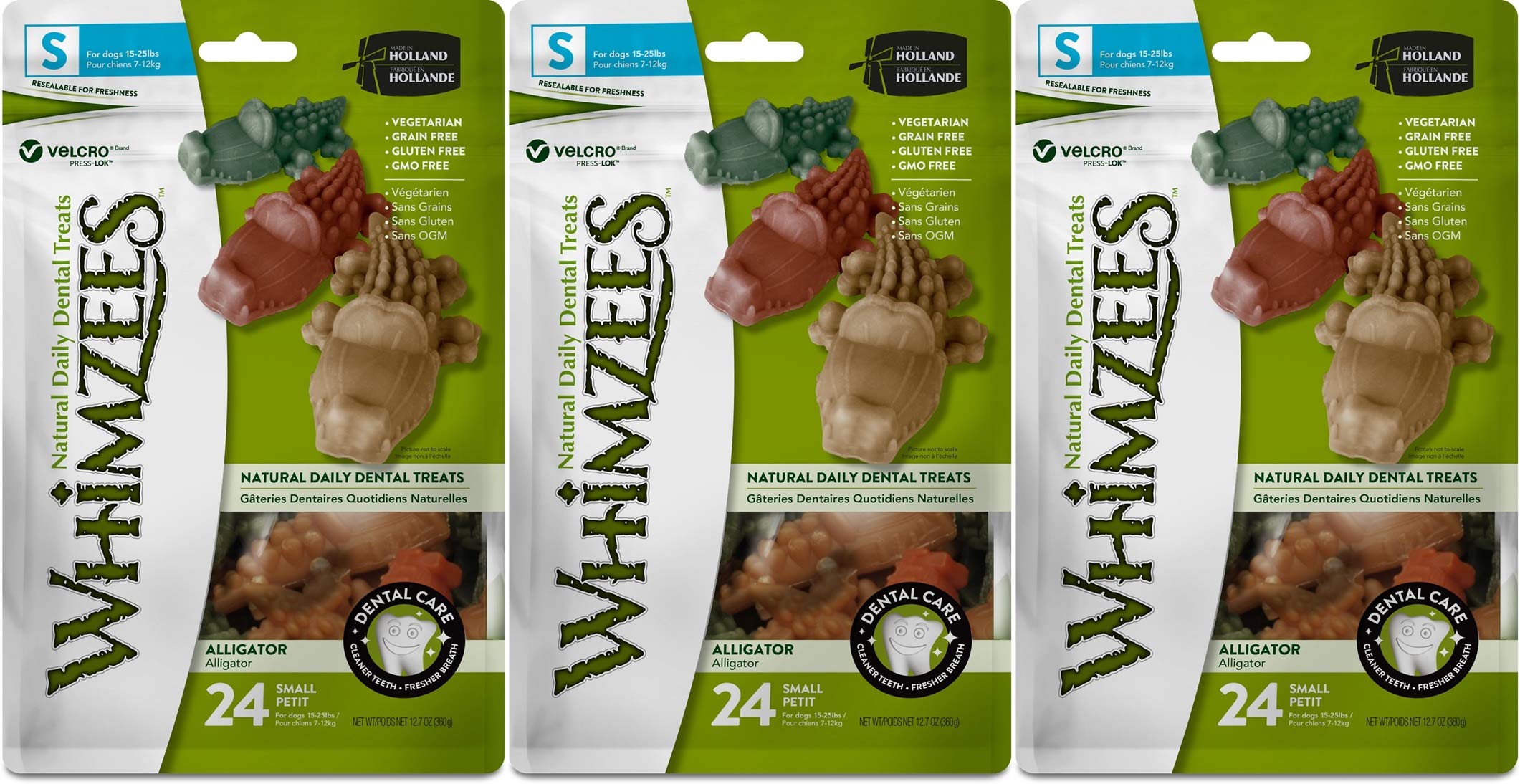 Whimzees Alligator Dental Chews for Dogs - 3 Pack (24 Treats Each) | Natural Teeth Cleaning & Breath Freshener | Perfect for Medium & Large Breed Dogs