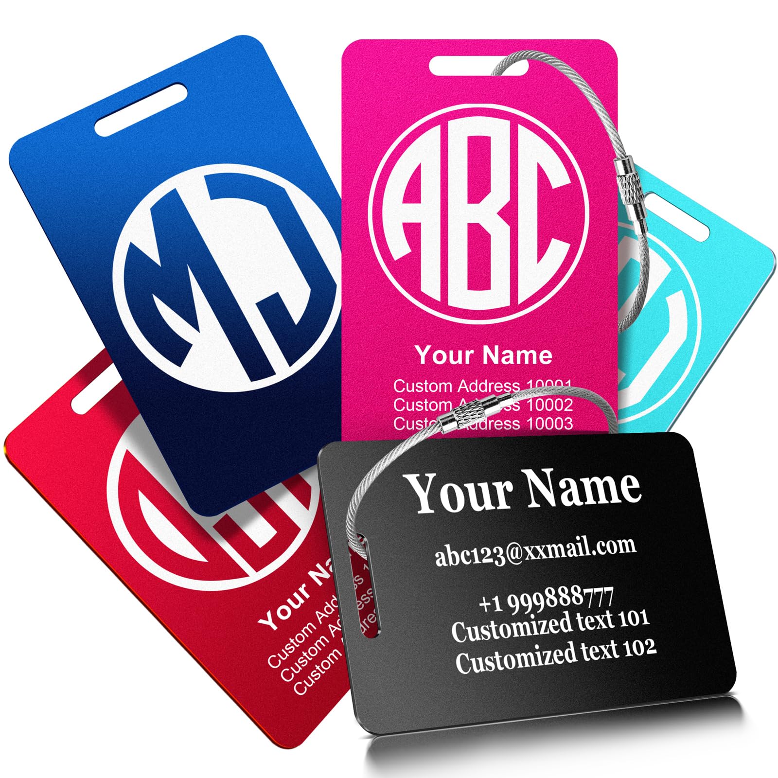 Custom Monogram Metal Luggage Tags - Personalized Laser Engraved ID Name Tags for Suitcases, Backpacks & Travel Bags (Pink, Black) - Perfect for Kids, Women & Golf Accessories | Ideal for Air Travel, Vacation & Business Trips