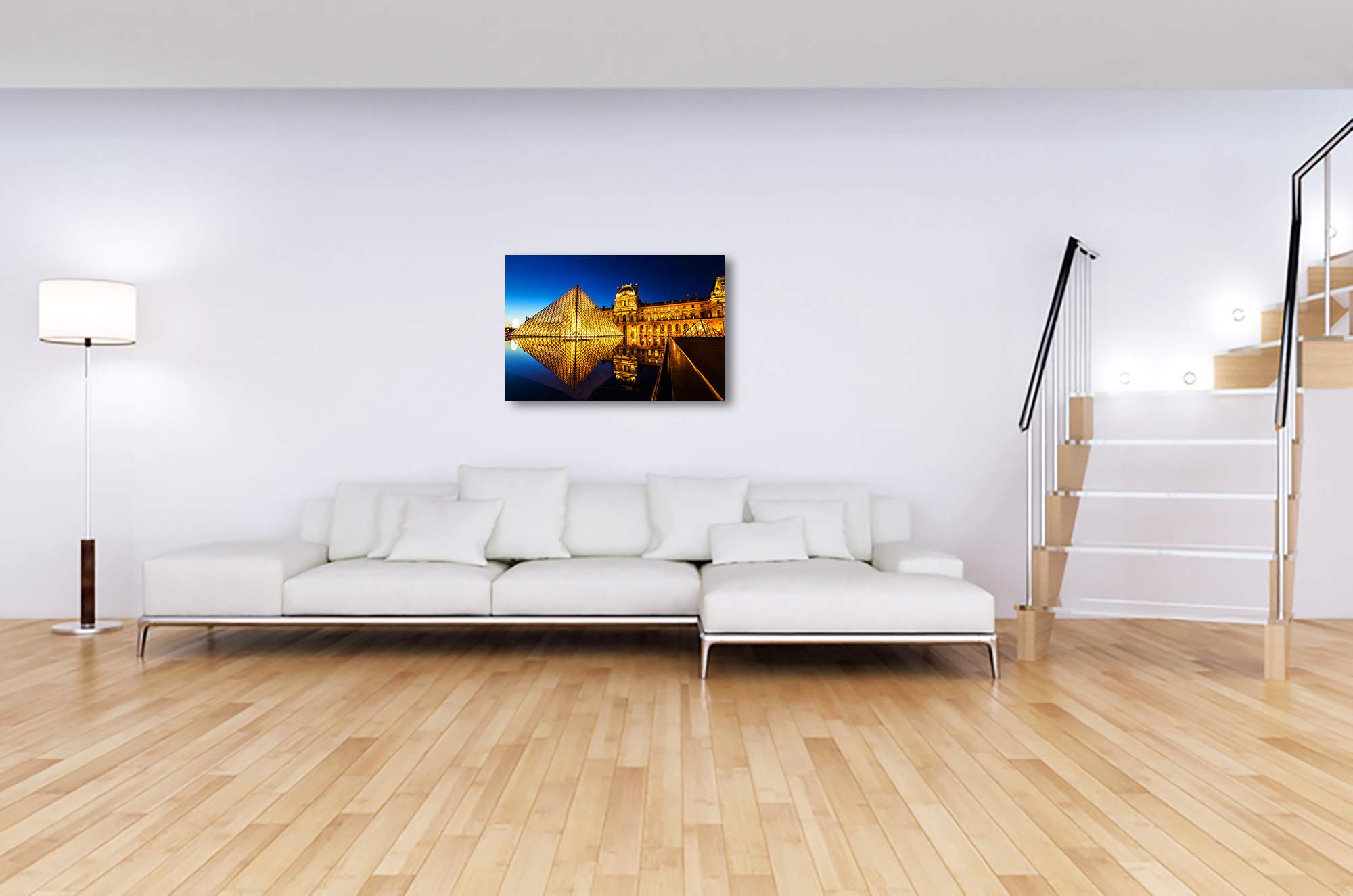 XOTIKS Paris Louvre Museum Skyline Cityscape Night Lights at Sunset - Fine Art Giclee Canvas Print Wall Art - 20x30 Inches - Ready to Hang for Living Room, Bedroom & Office Decor