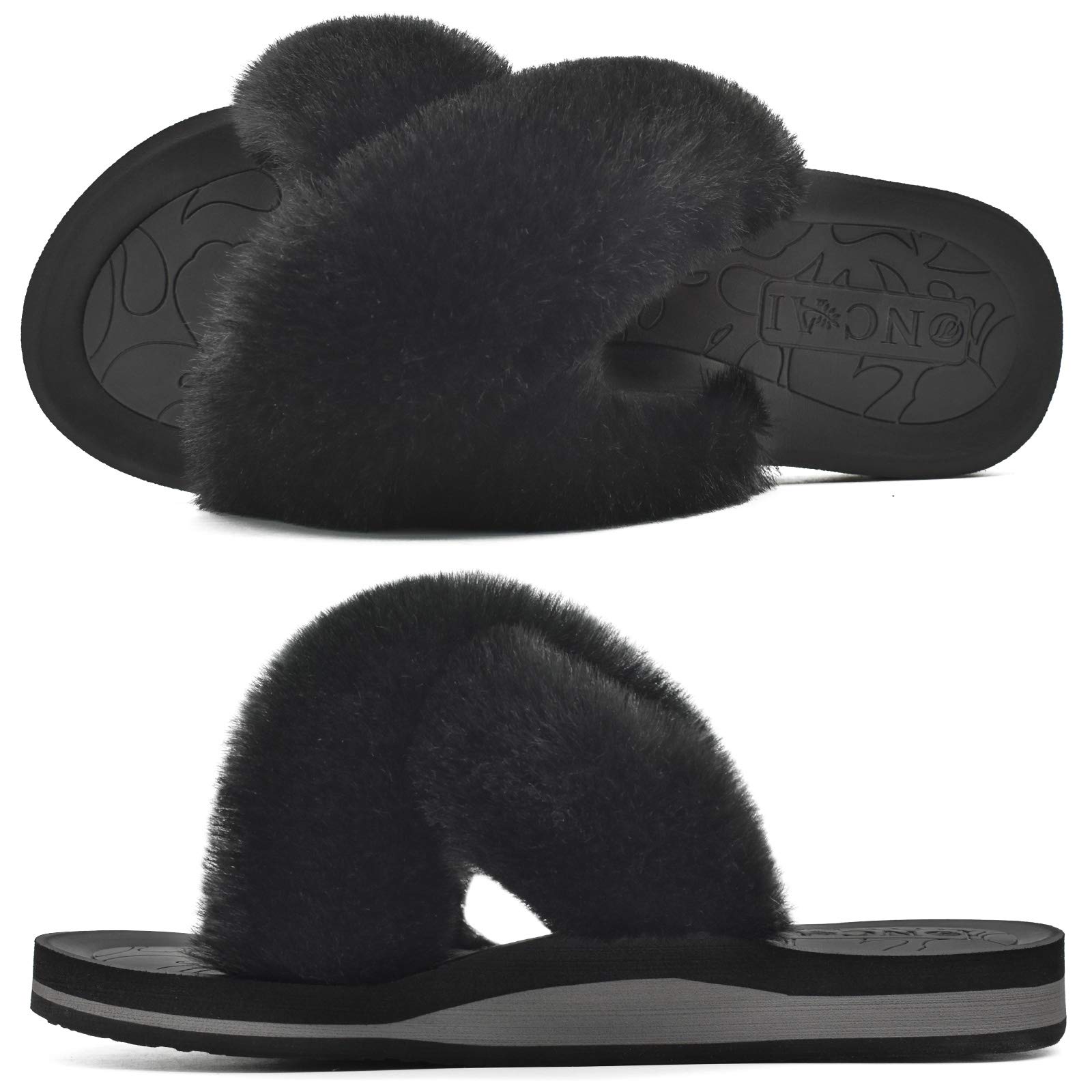 ONCAI Women's Fluffy Slides - Open Toe Faux Fur Slippers with Cushion Arch Support, Yoga Mat Sole, Sizes 5-11 | Cozy House Shoes for Indoor/Outdoor Wear, Perfect for Lounging, Yoga & Relaxation