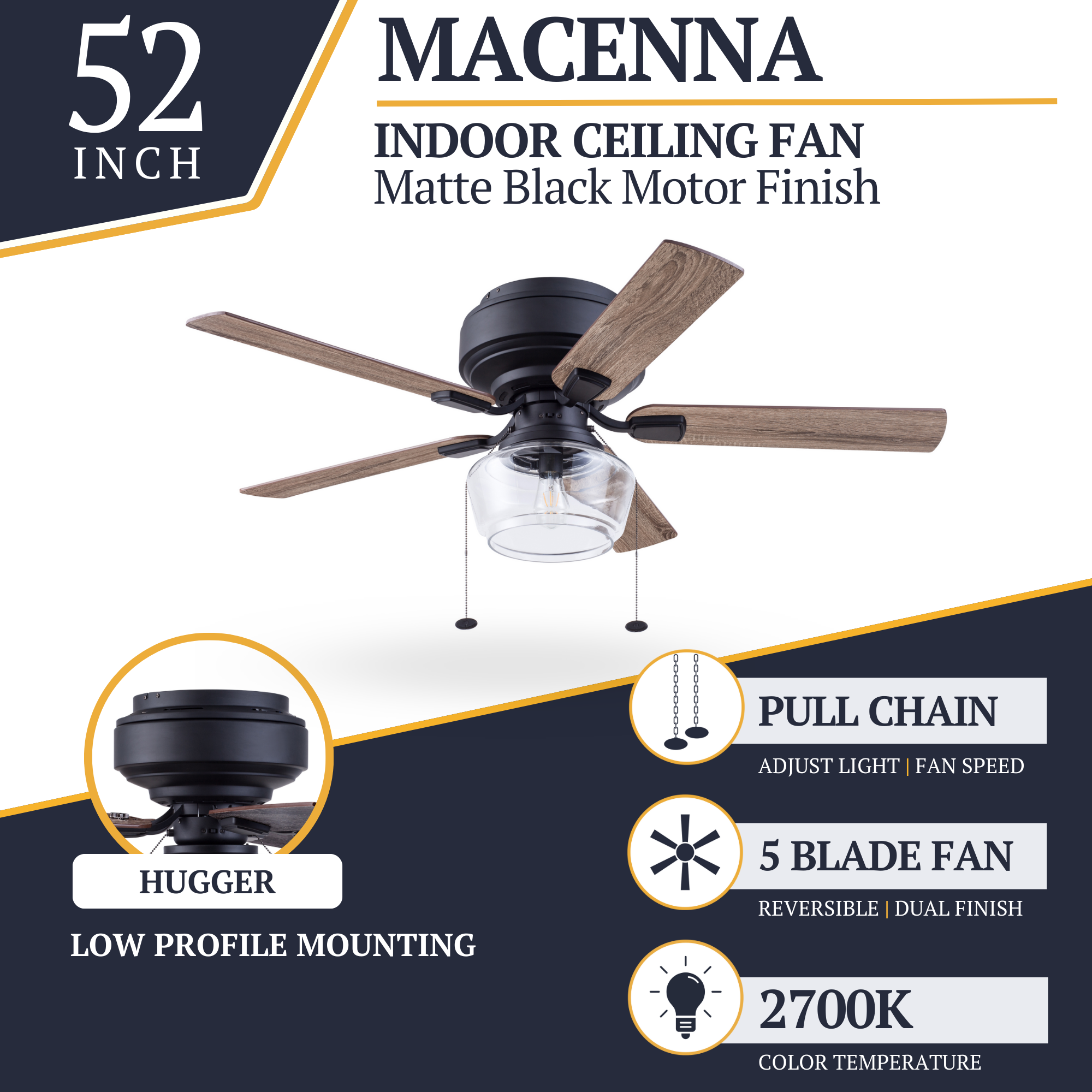 52 Inch MaCenna Ceiling Fan with Pull Chain - Matte Black Finish, Quick Attach™ Technology for Easy Installation - Perfect for Living Room, Bedroom & Outdoor Spaces