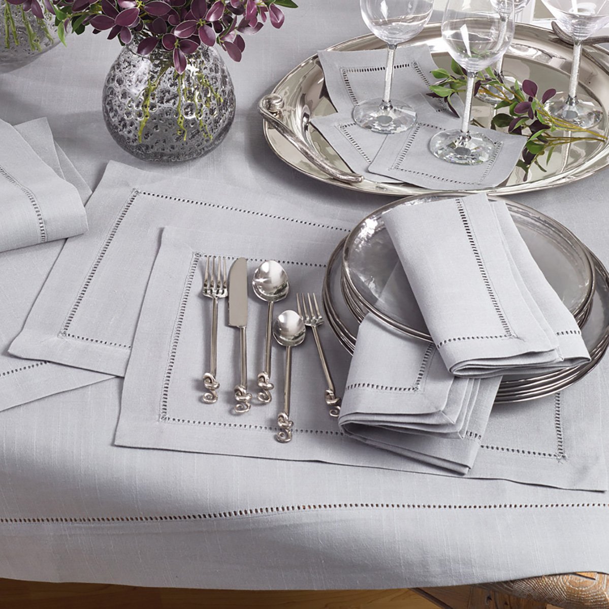 Premium Grey Classic Hemstitched Polyester Placemats Set - 14