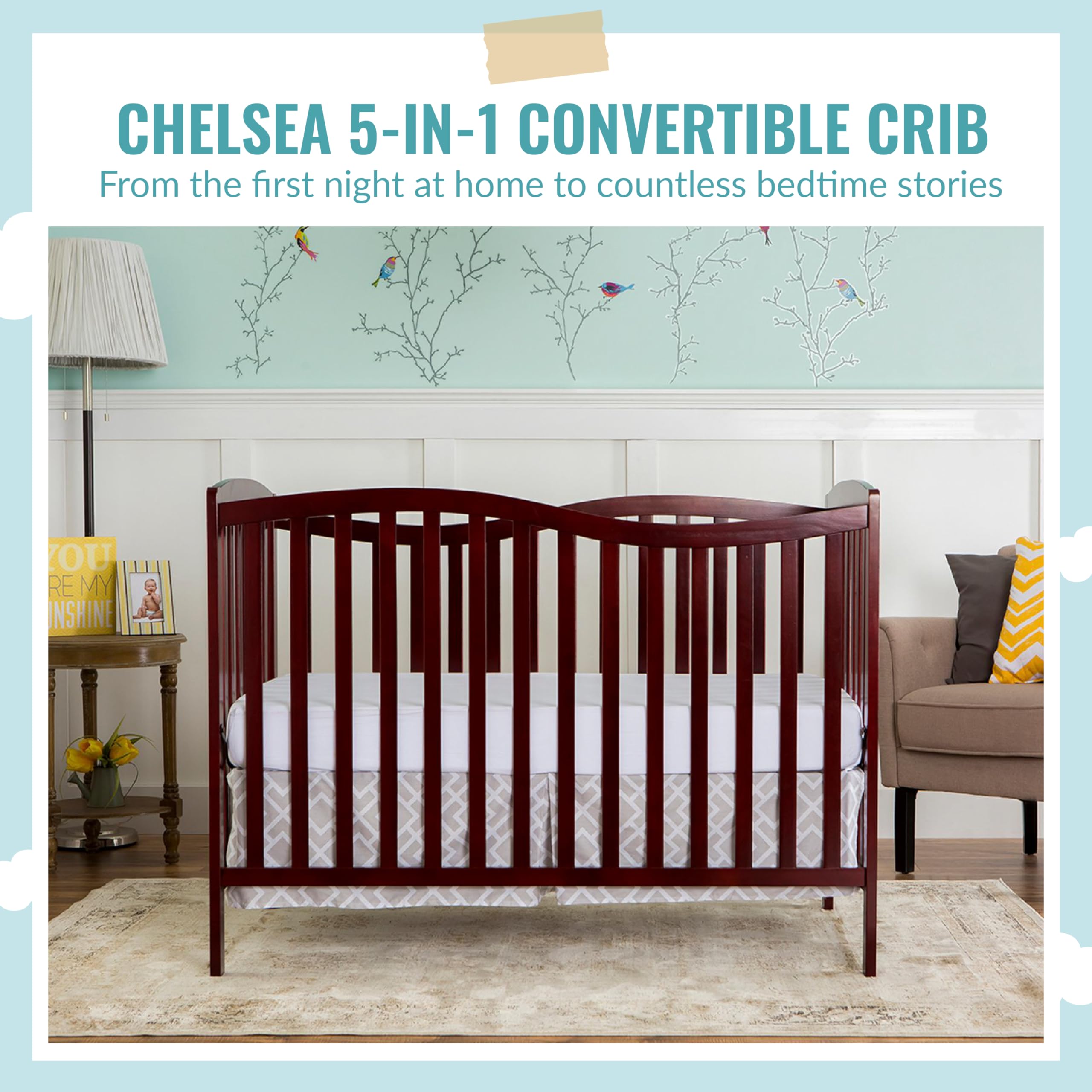 Dream On Me Chelsea 5-in-1 Convertible Crib in Cherry Finish - JPMA Certified Safe Nursery Furniture for Baby & Toddler | Perfect for Modern Nurseries & Daycare Centers