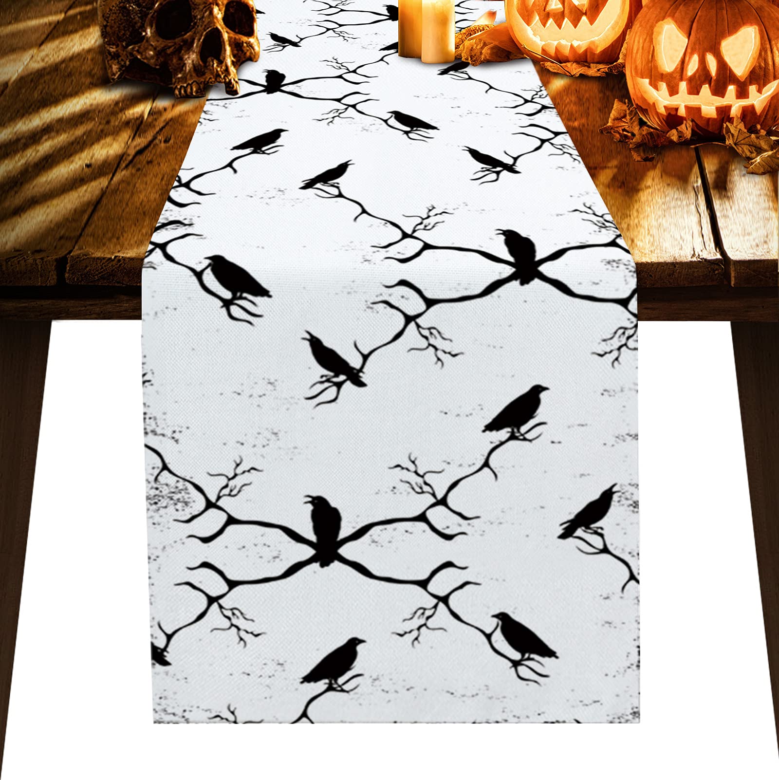 Halloween Black Crow Table Runner 120 Inches Long - Washable White Background Decorative Tablecloth for Round, Kitchen, Coffee, Dining & End Tables - Perfect for Halloween Parties, Home Decor & Living Room