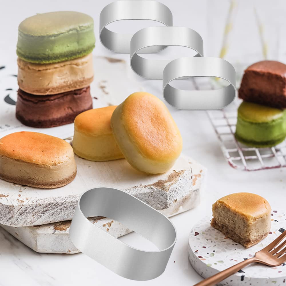 10pcs Aluminum Alloy Semi-Cooked Cheese Molds - Oval Cake Rings for Cheesecake, Mousse & Bread Baking with 100 Cake Liners - Premium Kitchen Baking Tools (Silver) - Perfect for Home Bakers & Professional Chefs