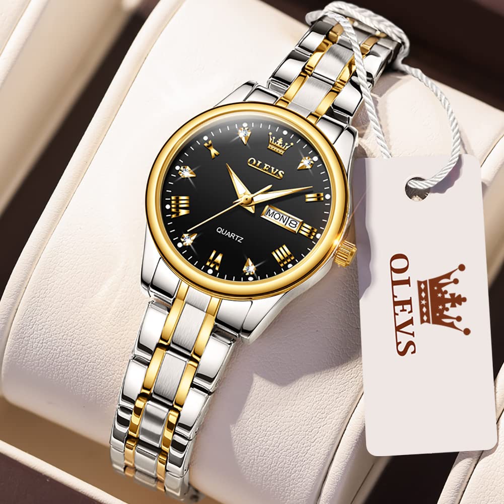 OLEVS Women's Gold Stainless Steel Waterproof Analog Quartz Watch with Date Day - Small Face Fashion Watch for Ladies with Gold, Black & White Dials - Perfect for Work, Parties & Everyday Wear