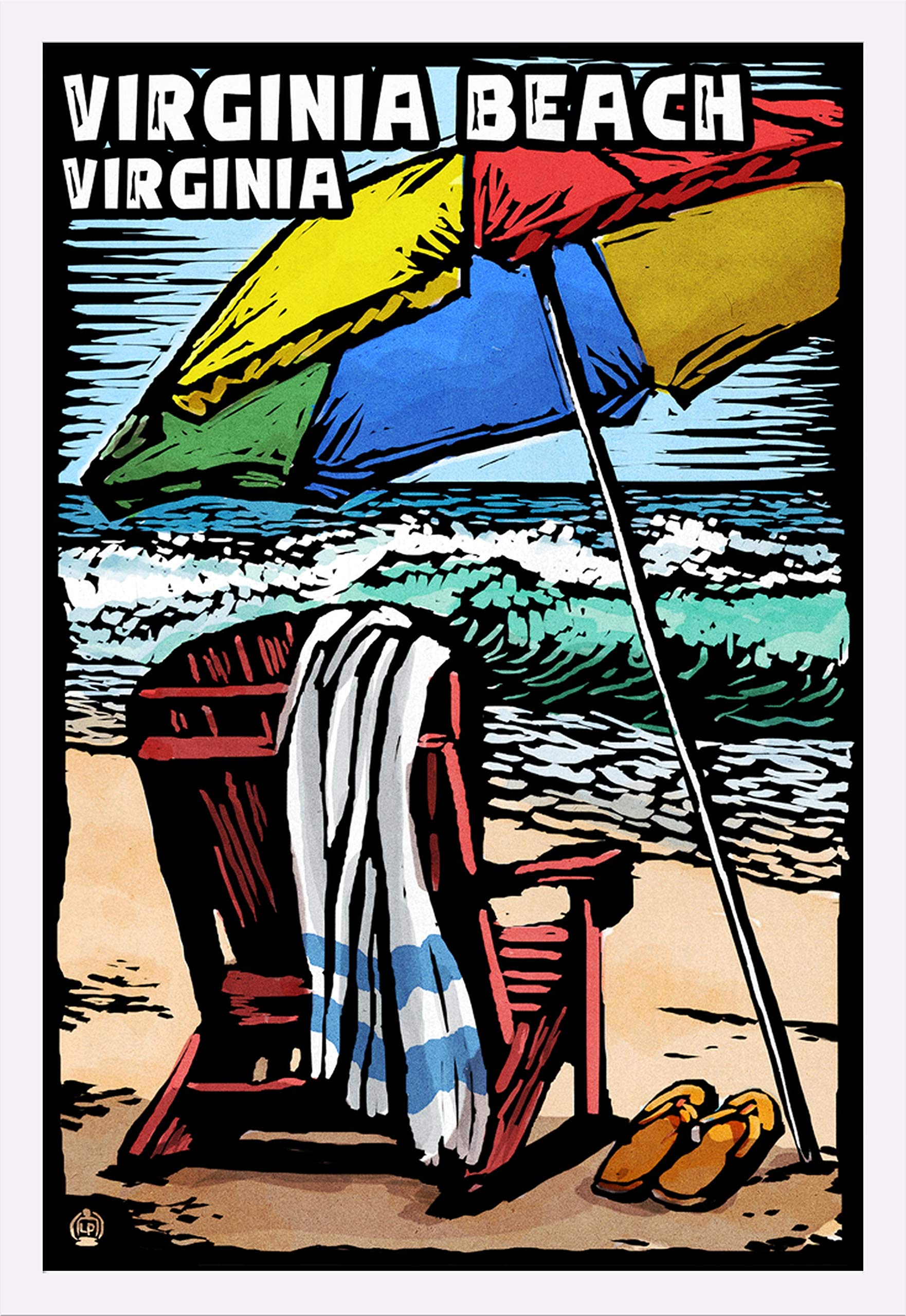 Virginia Beach VA Coastal Art Print - 24x36 Giclee Scratchboard 52411 - Gallery Framed White Wood Wall Decor - Perfect for Beach House, Living Room & Coastal Themed Interiors