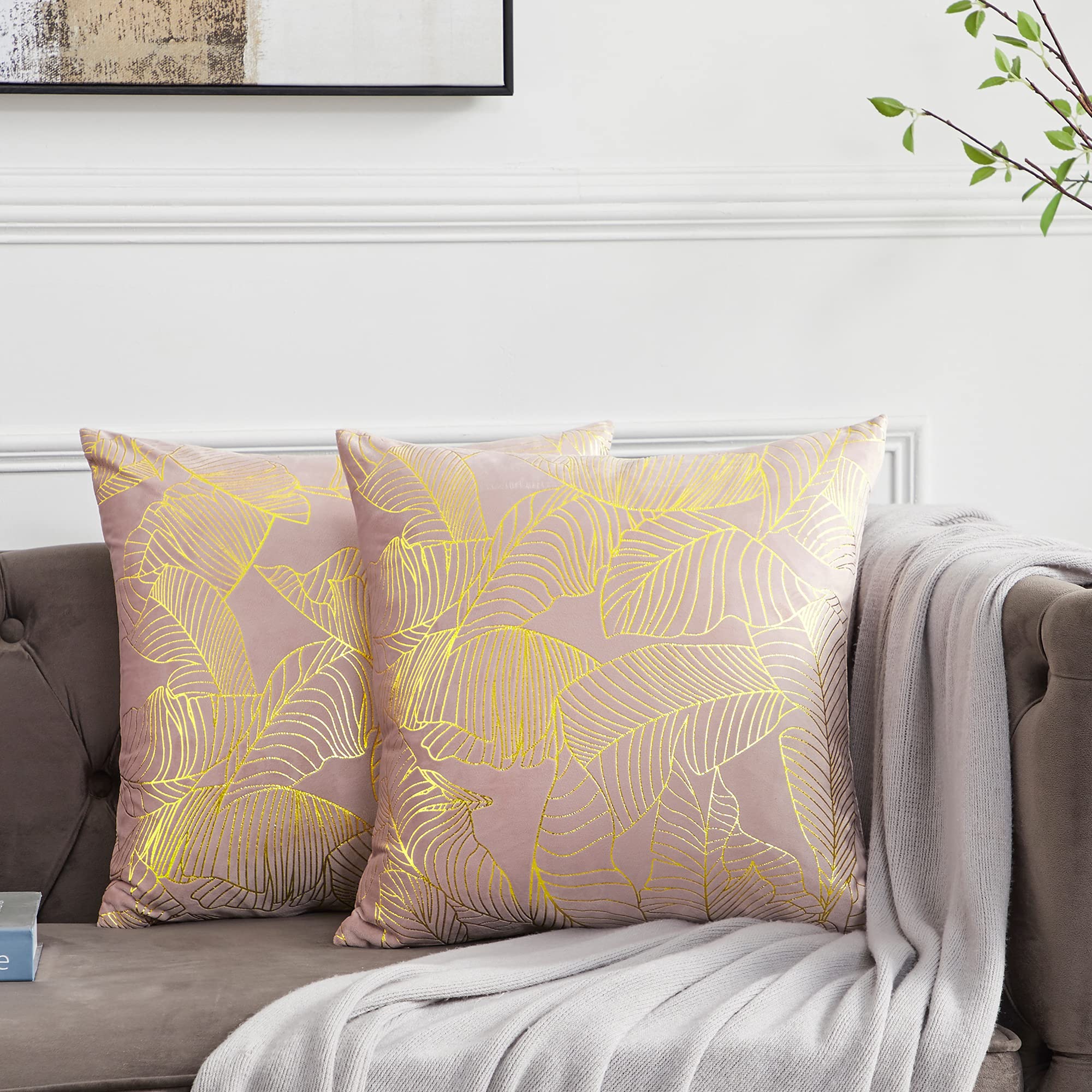 GIGIZAZA 16x16 Decorative Throw Pillow Covers - Blush Pink with Gold Leaves Design, Set of 2 for Fall Home Decor | Perfect for Sofa, Couch, Living Room & Bedroom Accents