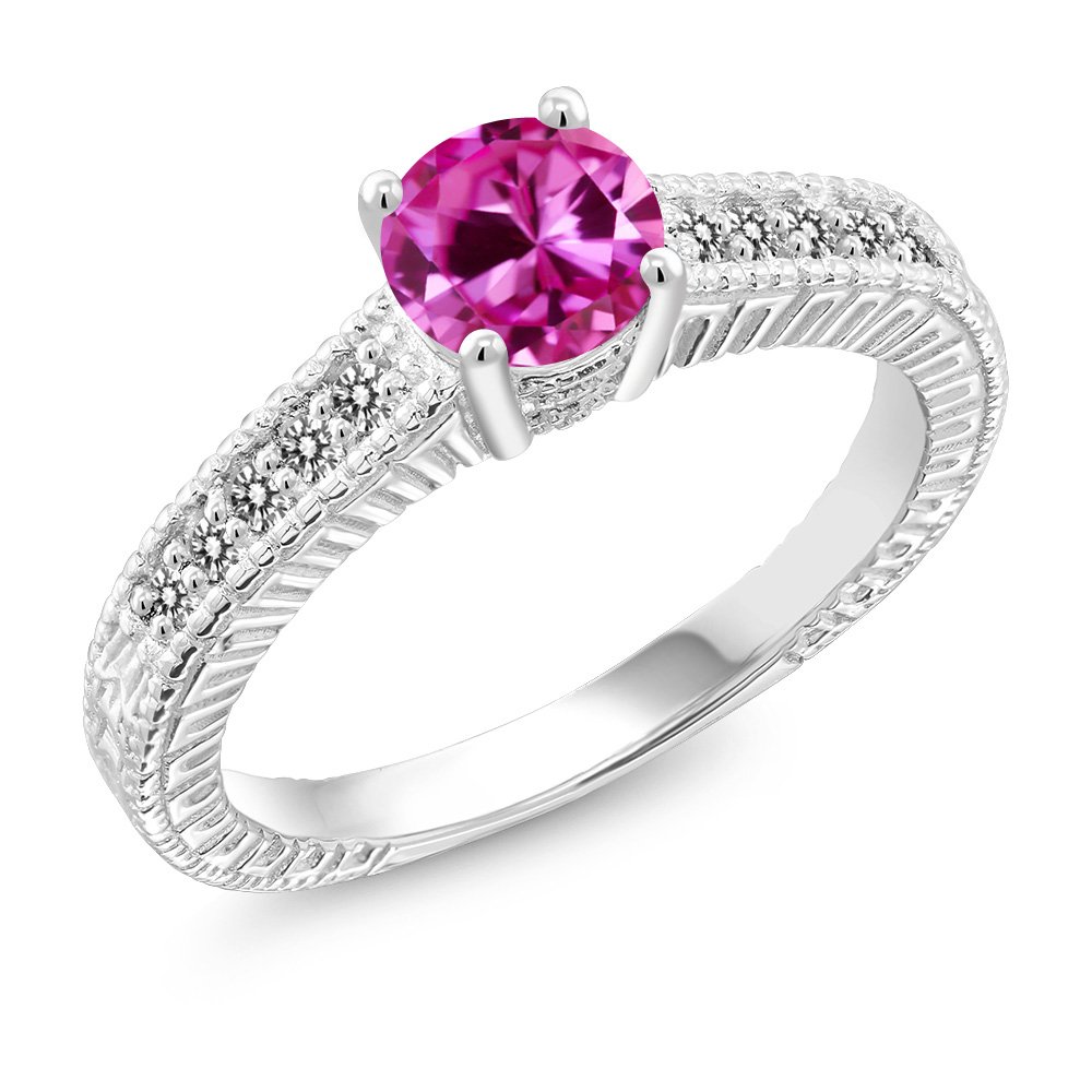 1.17 Ct Round Pink Lab-Created Sapphire & White Diamond 925 Sterling Silver Engagement Ring for Women - Elegant Promise, Wedding, Anniversary Gift Idea