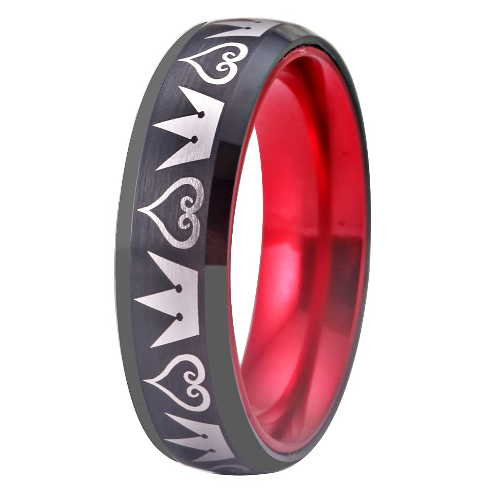 Kingdom Hearts & Crowns Cosplay Jewelry - 8mm Matte Red & Black Tungsten Ring with Beveled Edges | Wedding Band, Custom Engraving | Perfect for Cosplay, Anime Conventions & Gothic Weddings