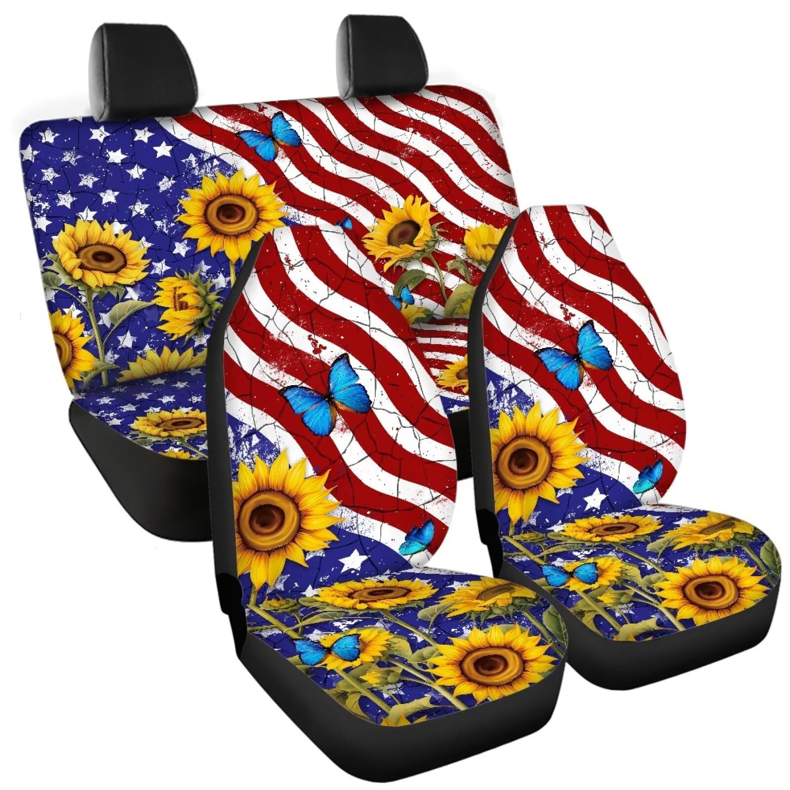 Wideasale 4-Piece USA Flag & Sunflower Butterfly Car Seat Covers Set - Breathable Elastic Front & Rear Bench Protectors for Cars, Trucks, SUVs | Perfect for Road Trips, Daily Commutes & Vehicle Interior Protection