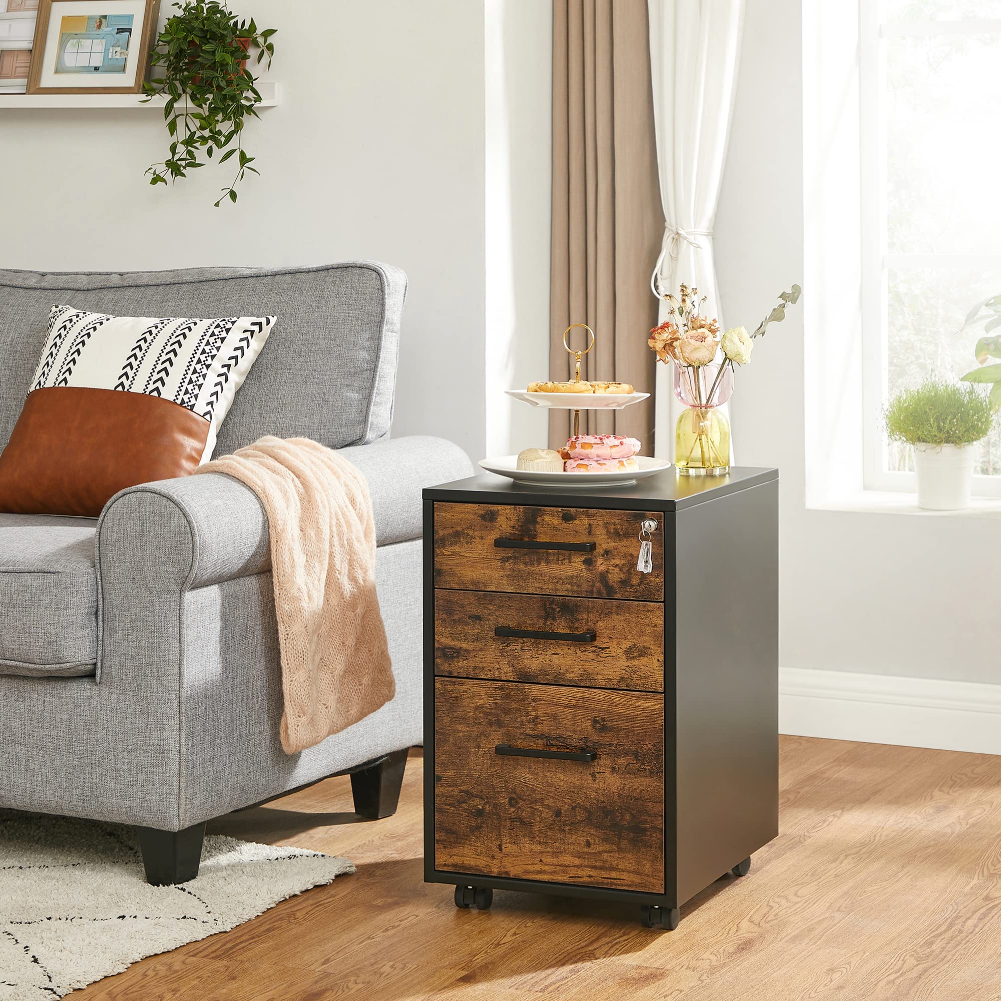 SONGMICS File Cabinet with Lock - Pre-Assembled Office Filing Cabinet for A4, Legal & Letter Size Documents - 17.7 x 14.4 x 23.6 Inches Rustic Brown & Black - Perfect for Home Office, Study Room & Workspace Organization (UOFC110B01V1)