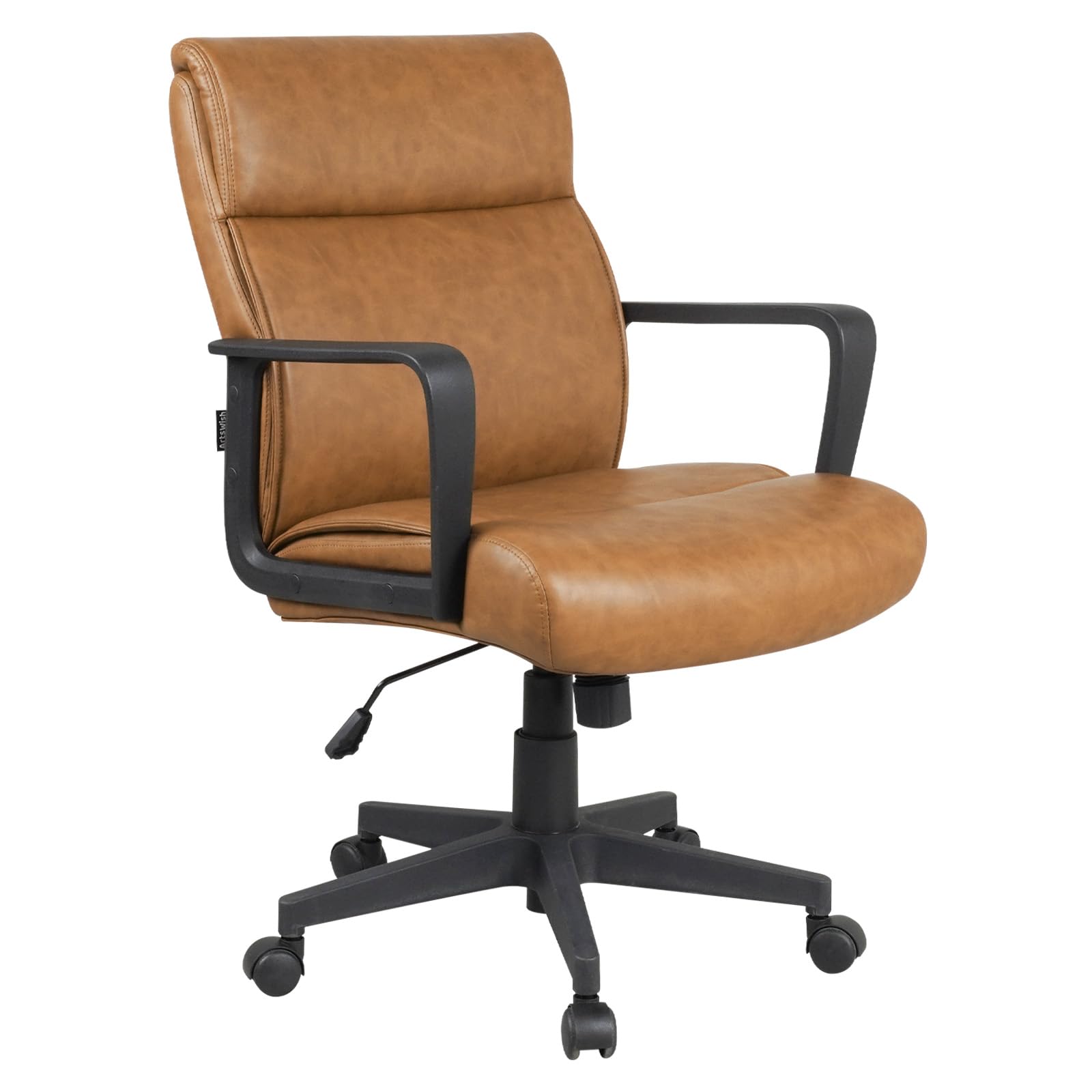Premium Brown Leather Office Chair with Wheels - Mid Back Ergonomic Desk Chair for Home & Office - Stylish Mid Century Modern Design for Comfortable Workspaces