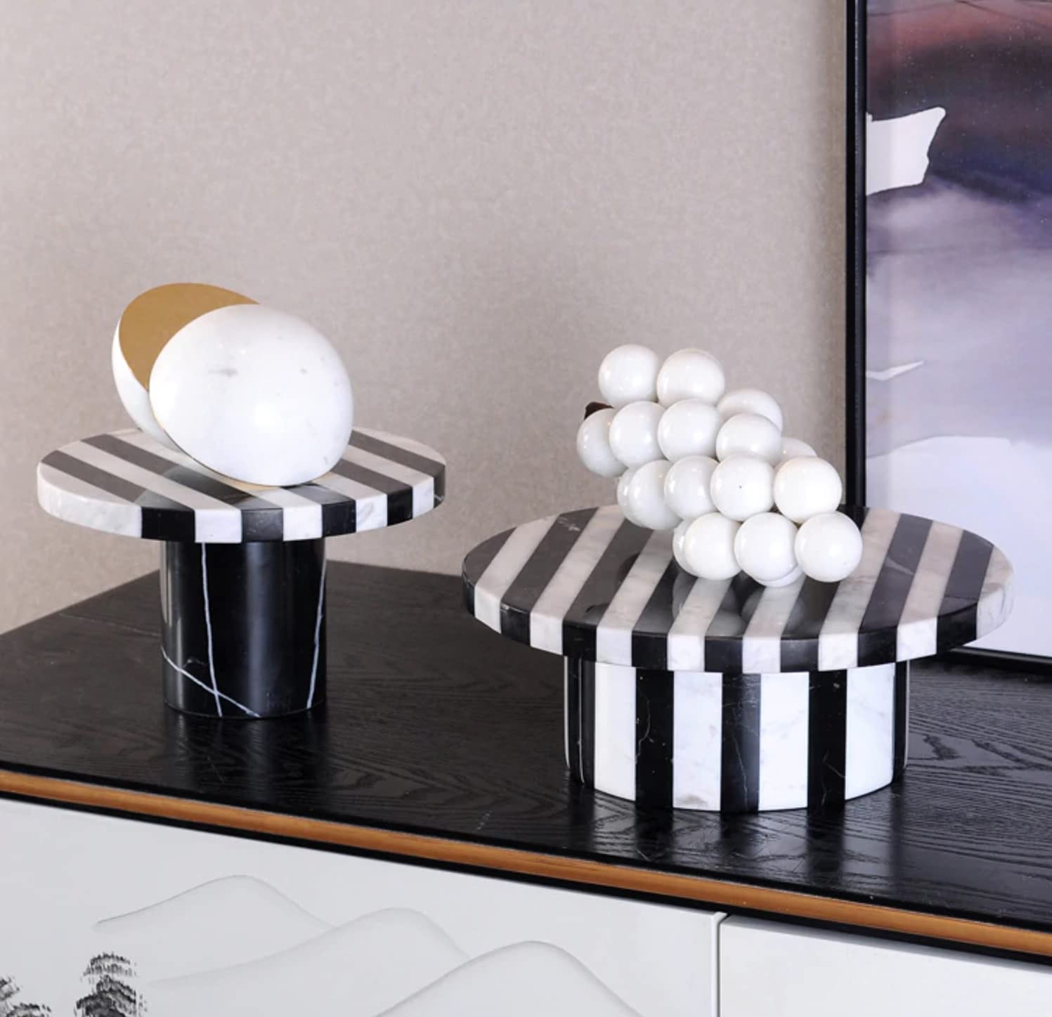 Handmade White and Black Striped Marble Tray - High Base Cupcake Stand for Dessert Display (2-Piece Set 20cm & 25cm) - Perfect for Birthday Parties, Wedding Decor, and Home Decoration Gifts
