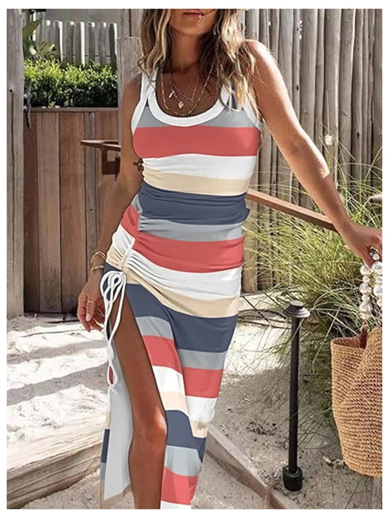 SOLY HUX Women's Color Block Striped Bodycon Tank Dress - Sleeveless Split Drawstring Midi Dress for Summer, Beach, Party & Night Out | Fashionable Slim Fit Stretchy Casual Outfit