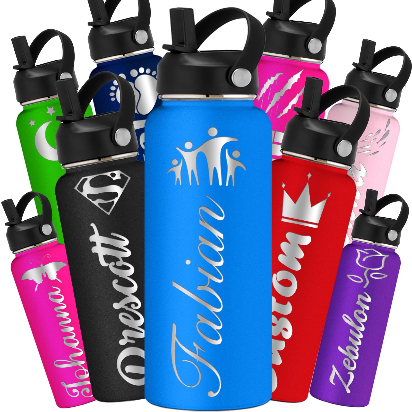 Custom Stainless Steel Personalized Water Bottle 24oz with Straw Lid - Insulated Engraved Name Water Bottle for Women, Men, Girls & Boys - Perfect for School, Sports, Gym & Outdoor Activities