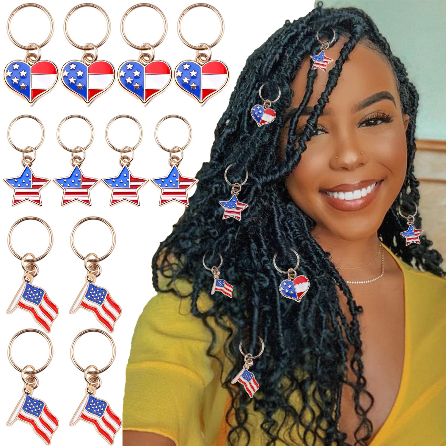 NAISKA Gold Star & Heart Braid Clips - 12PCS Hair Cuffs, Beaded Dreadlock Rings, American Flag Hair Jewelry for Women | Perfect for Boho Hairstyles, Festivals & Everyday Wear