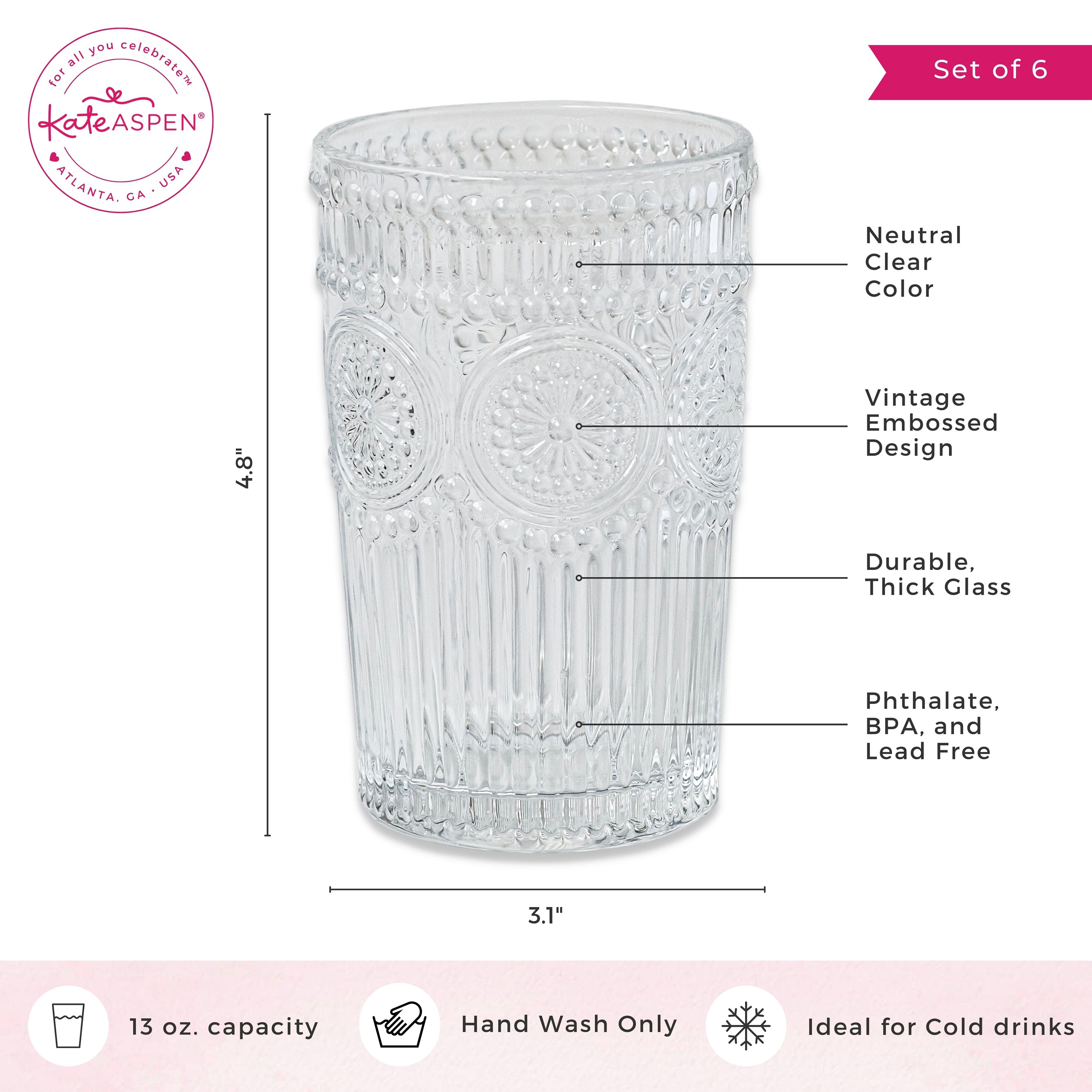 Vintage Textured Clear Drinking Glasses - 13 oz. Set of 6 - Perfect for Cocktails, Iced Coffee & Home Bar Decor