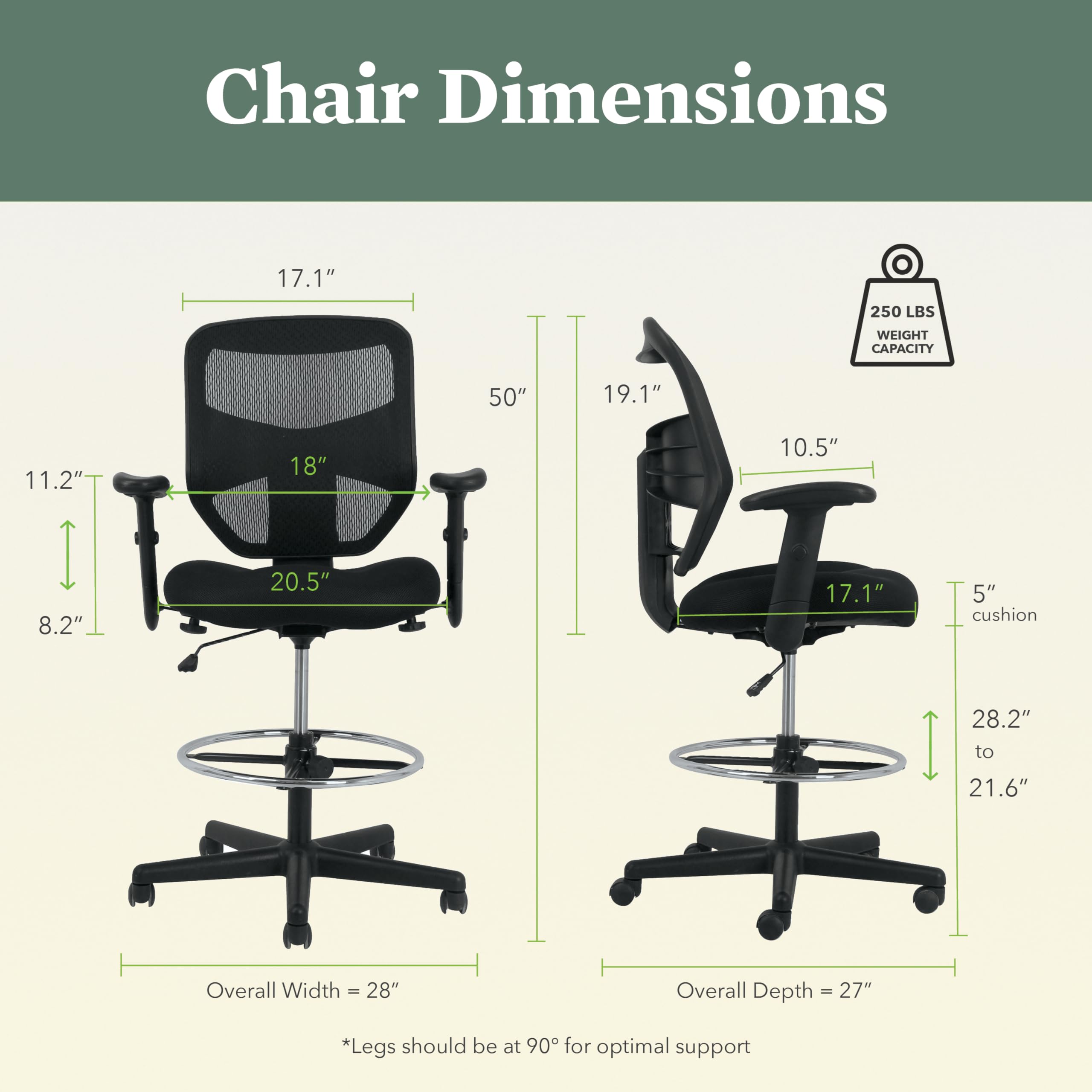 HON Prominent Standing Desk Chair - Ergonomic Office Chair with Adjustable Height, High Back Support & Foot Rest - Perfect for Home Office, Gaming & Workspaces