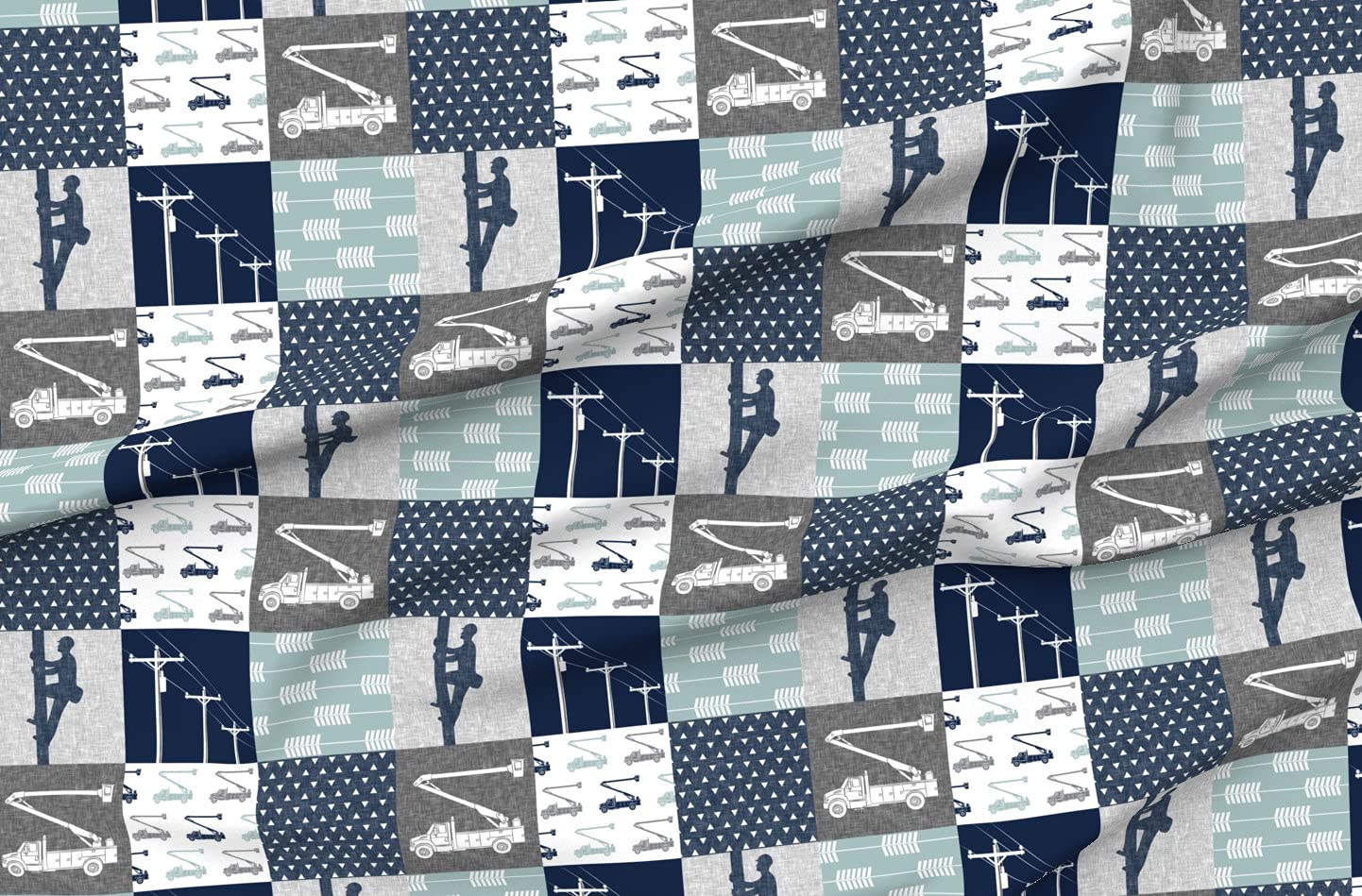 **Spoonflower Fabric - Lineman Patchwork Navy & Grey Arrows Cheater Quilt Bucket Truck Boy Printed on Minky Fabric by The Yard - Perfect for Sewing Baby Blankets, Quilt Backing, Plush Toys & DIY Home Decor**