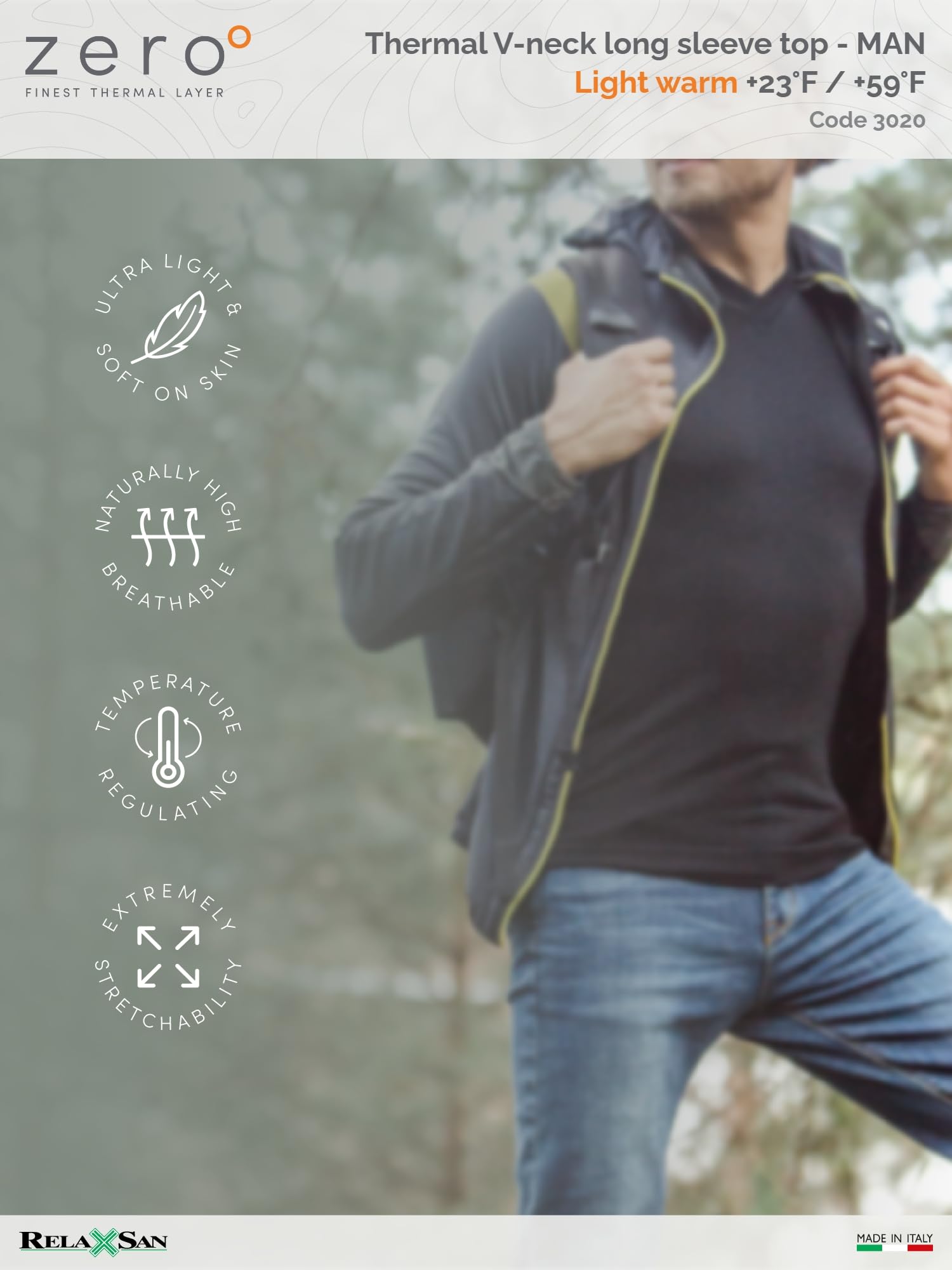 Relaxsan Zero 3020 Men's Thermal Long Sleeve Baselayer Shirt - Moisture Wicking Merino Wool & Dryarn Fiber Underwear for Cold Weather | Ideal for Hiking, Skiing & Winter Sports