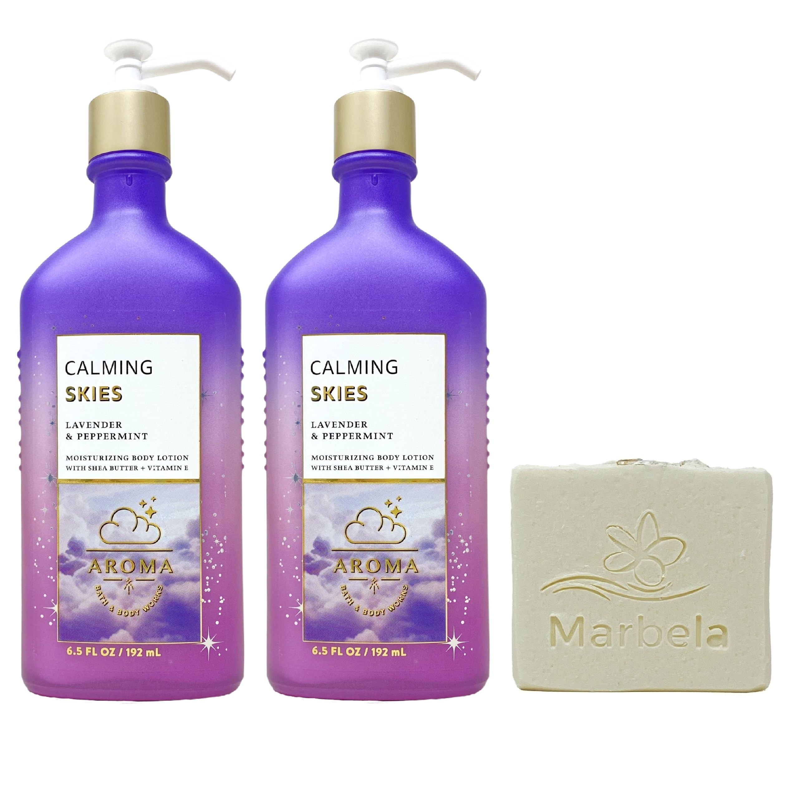 Bath & Body Works Aroma Calming Skies Lavender Peppermint 2-Pack Body Lotion & Natural Oats Bar Soap Set - Full Size Moisturizing Lotion for Dry Skin - Perfect for Relaxation, Spa Days & Self-Care Gifts