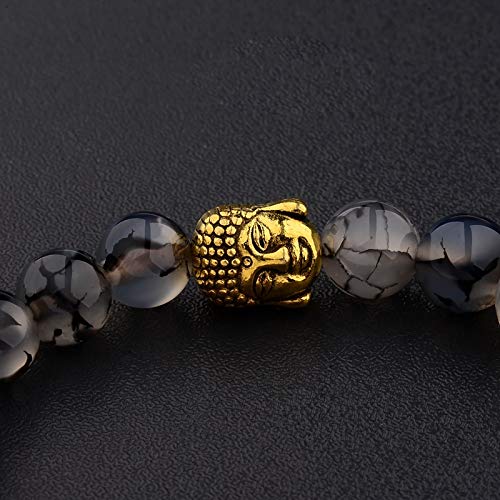 Ochoos Gold Buddha & Lion Head Beaded Bracelet - Lava Onyx Natural Stone Stretch Yoga Bracelet for Men & Women - Spiritual Jewelry for Meditation, Yoga & Daily Wear (Metal Color: AB057)