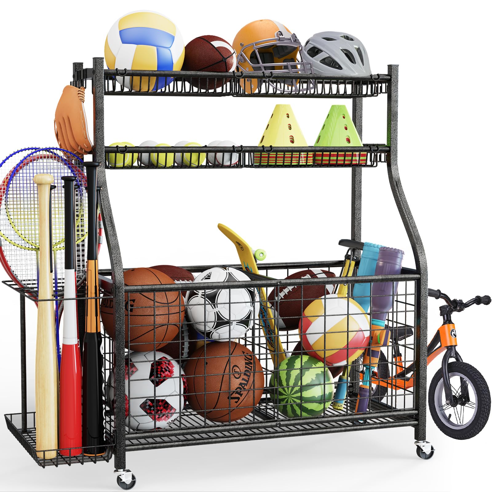 Heavy Duty Garage Sports Equipment Organizer with 4 Baskets & 6 Hooks - Ball Storage Rack for Basketball Soccer Baseball - Garage Organization System for Toys, Bikes & Outdoor Gear - Perfect for Home Gym, Playroom & Backyard Storage