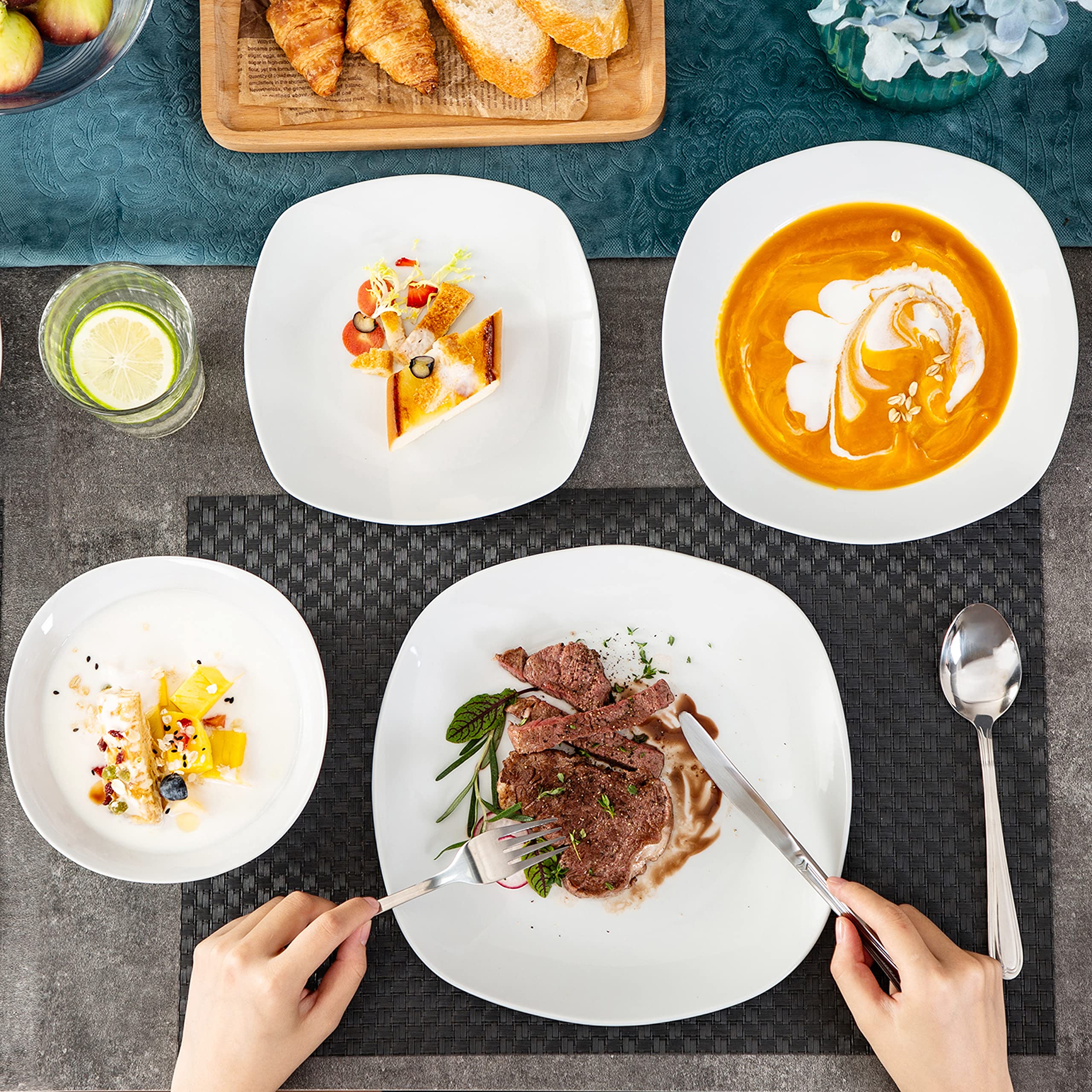 MALACASA 48-Piece Square Dinnerware Set - Gray & White Porcelain Plates and Bowls for 12 People | Lightweight Dish Set for Everyday Dining, Parties & Restaurant Use | Elisa Series Dinnerware Collection