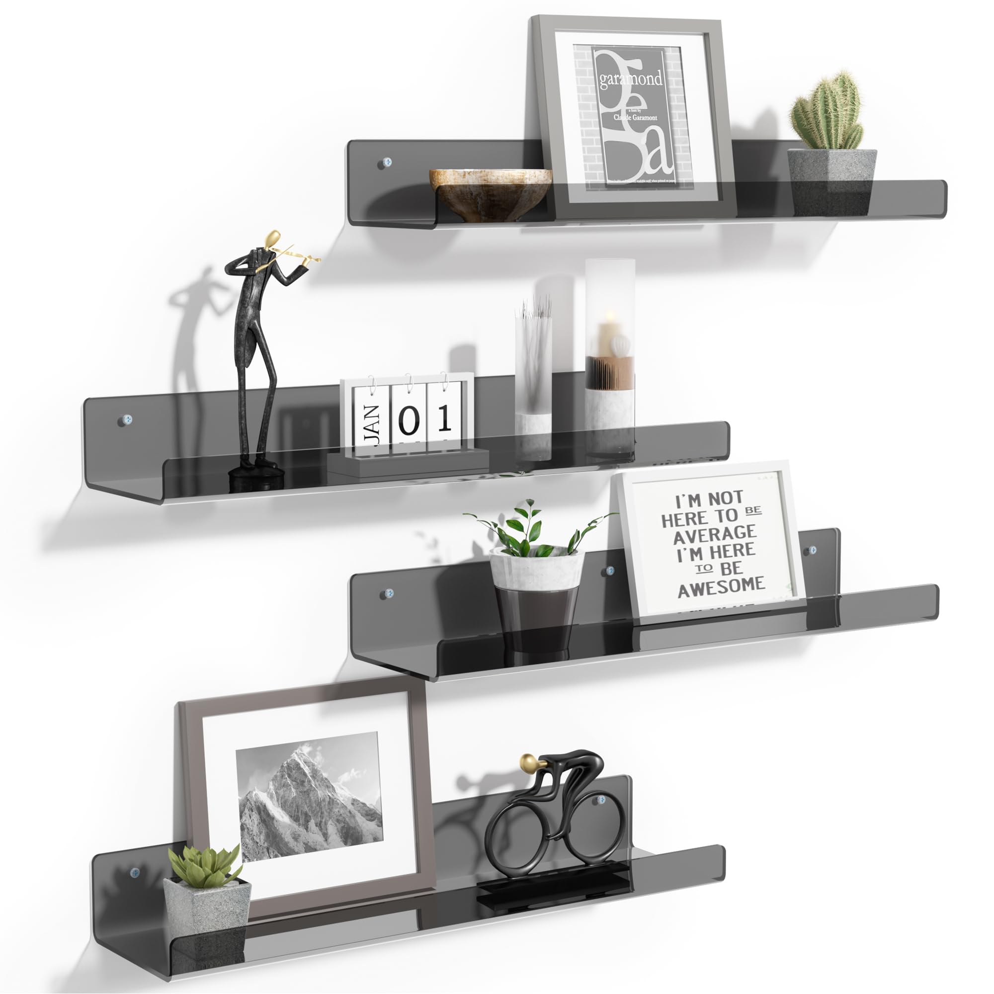 Upsimples 4 Pack Clear Acrylic Floating Shelves - 15 Inch Wall Mounted Display Shelves for Kids Room, Bathroom, Bedroom & Living Room Decor - Space Saving Storage Organizer for Books, Plants & Decorative Items