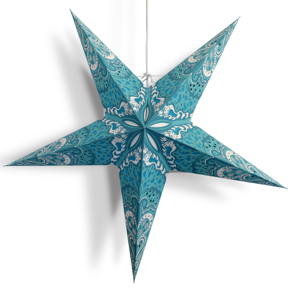 24 Pack Turquoise Blue Rain Paper Star Lanterns - Chinese Style Hanging Wedding & Party Decorations for Indoor/Outdoor Events, Home Decor, Garden Lighting, and Festive Celebrations
