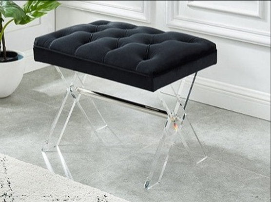 Elegant Black Velvet Upholstered Bench with X-Shaped Acrylic Legs - Perfect for Bedroom Seating, Entryway Decor & Living Room Accent Furniture
