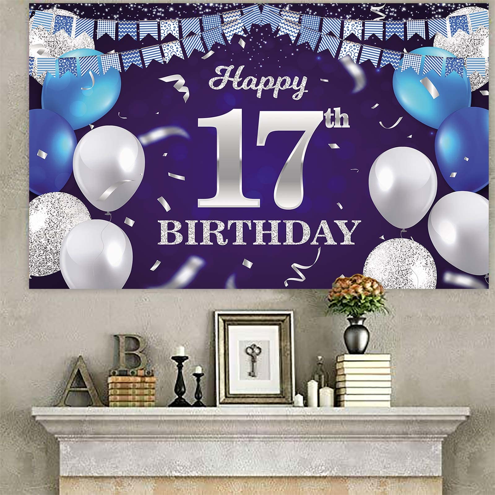 Happy 17th Birthday Banner - Navy Blue Balloons & Glitter Silver Confetti Backdrop with Striped Flags for Girls & Boys Birthday Party Decorations | Perfect for Sweet 17 Celebrations, Photo Booths & Milestone Birthday Parties